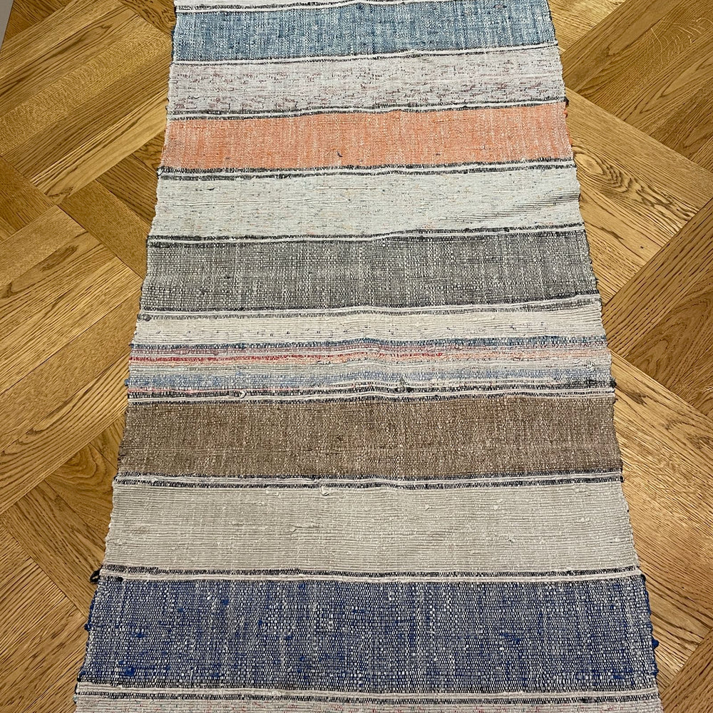 blue grey striped rag rug hall runner kitchen mat cotton washable carpet small vintage Hungarian