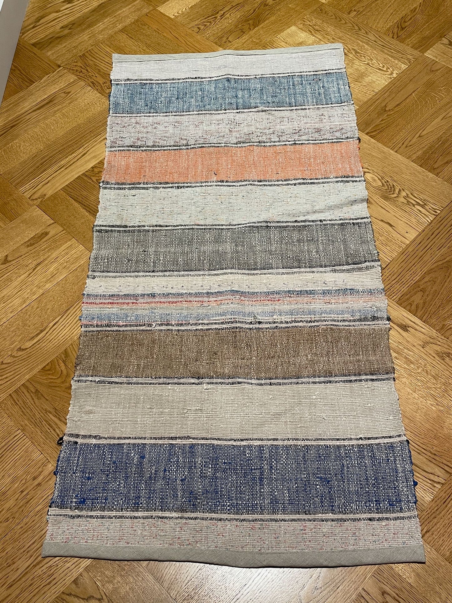 blue grey striped rag rug hall runner kitchen mat cotton washable carpet small vintage Hungarian