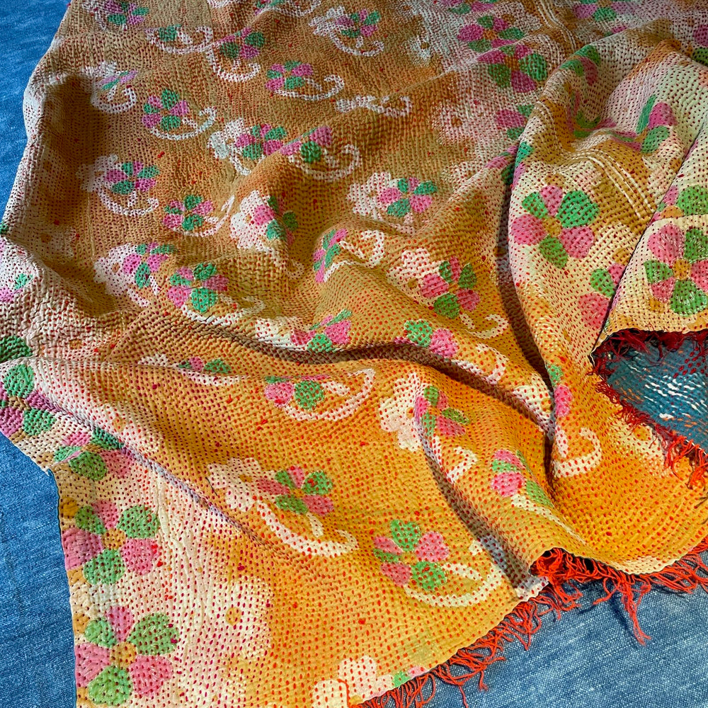 orange pink green kantha quilt bedspread single bedcover cotton comforter washable 