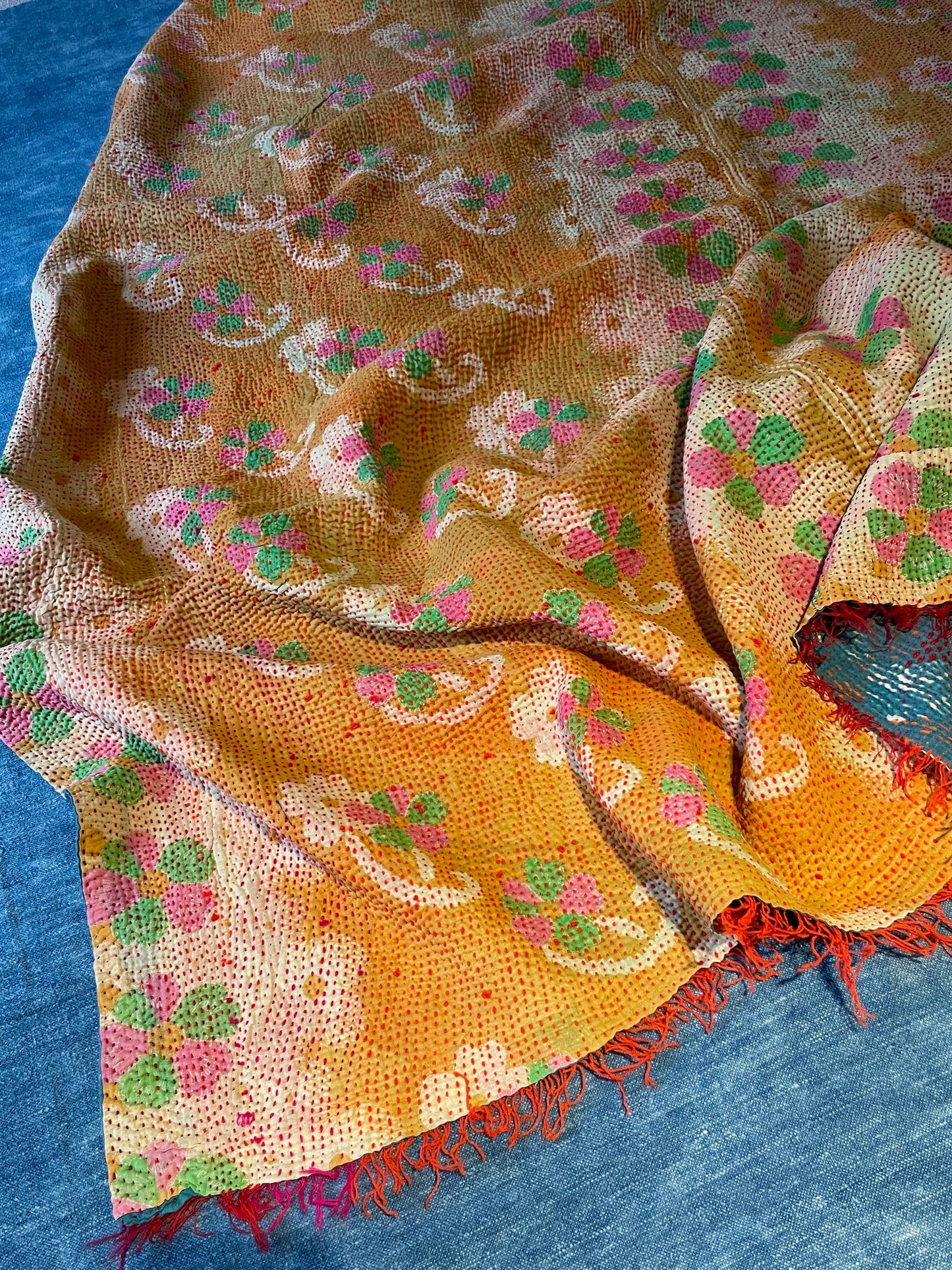 orange pink green kantha quilt bedspread single bedcover cotton comforter washable 