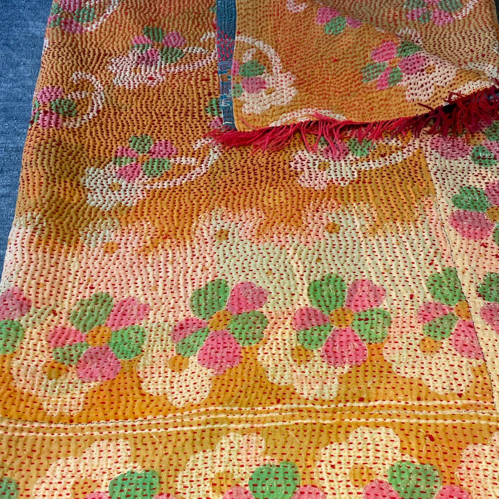 orange pink green kantha quilt bedspread single bedcover cotton comforter washable 