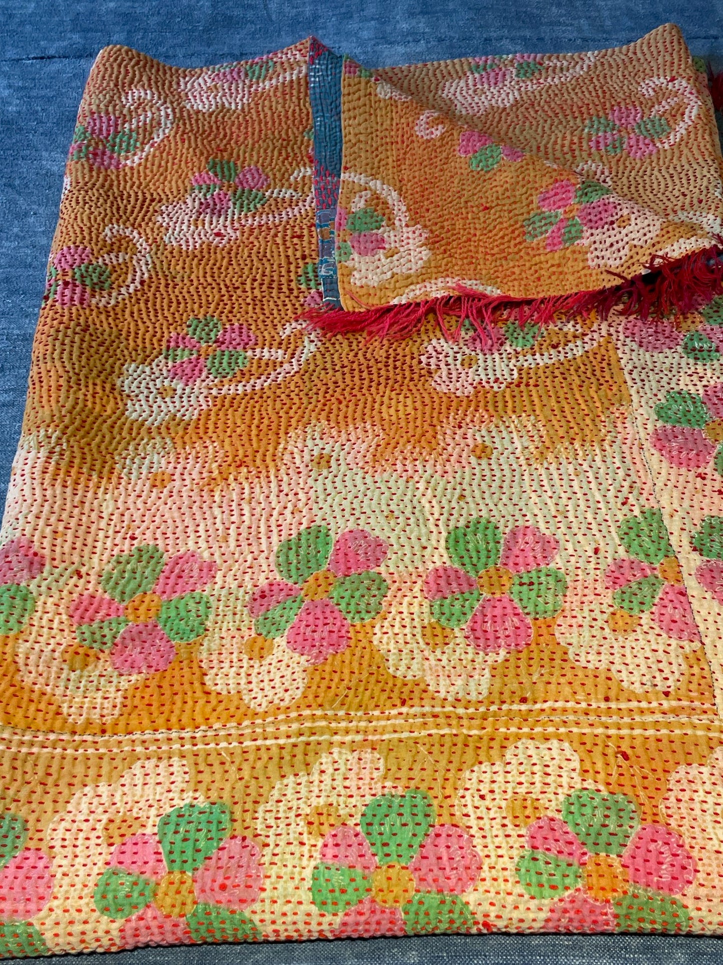 orange pink green kantha quilt bedspread single bedcover cotton comforter washable 