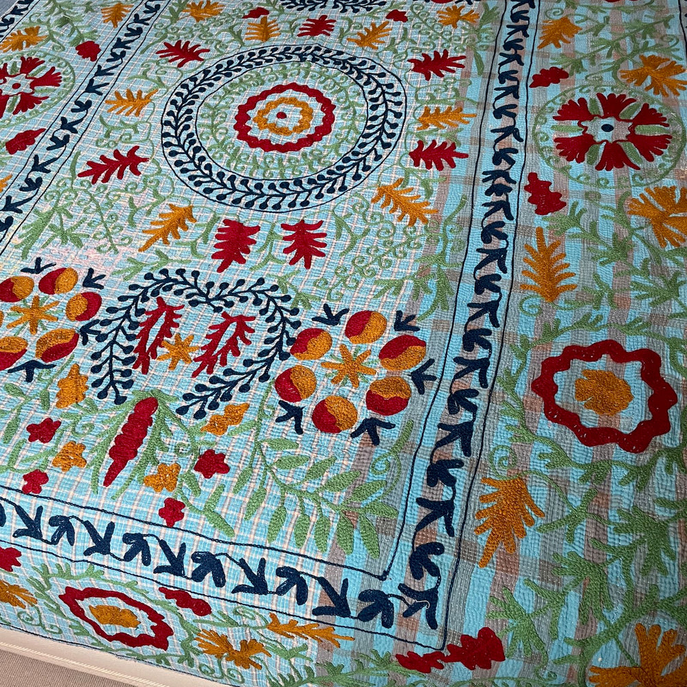 blue red orange embroidered bedspread kantha quilt suzani wall hanging cotton washable large