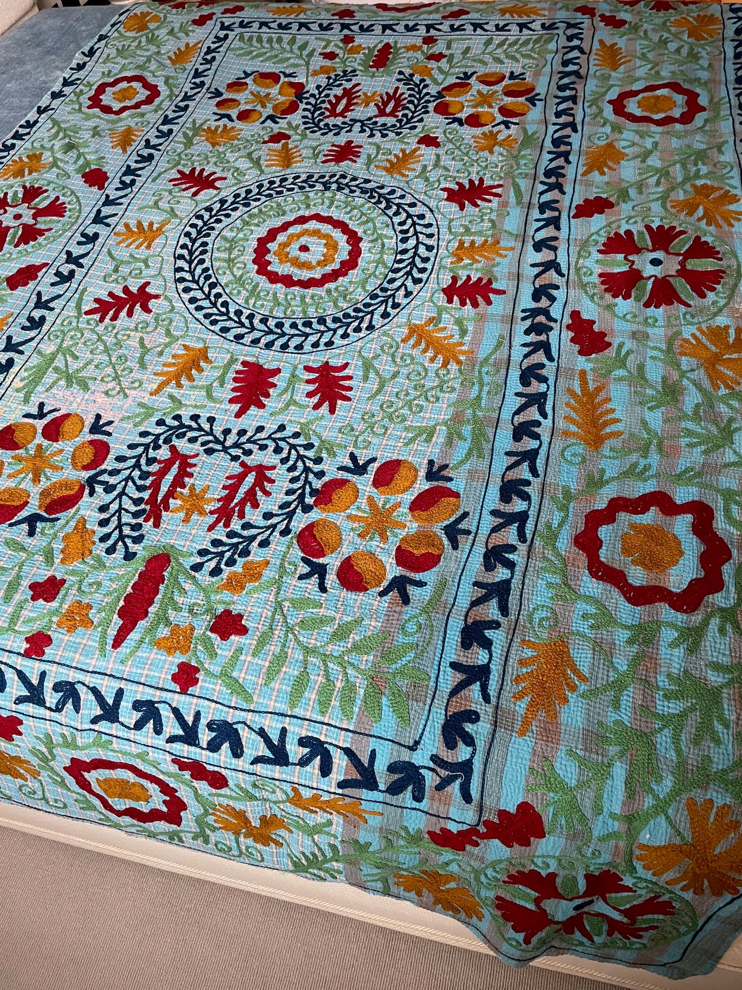 blue red orange embroidered bedspread kantha quilt suzani wall hanging cotton washable large