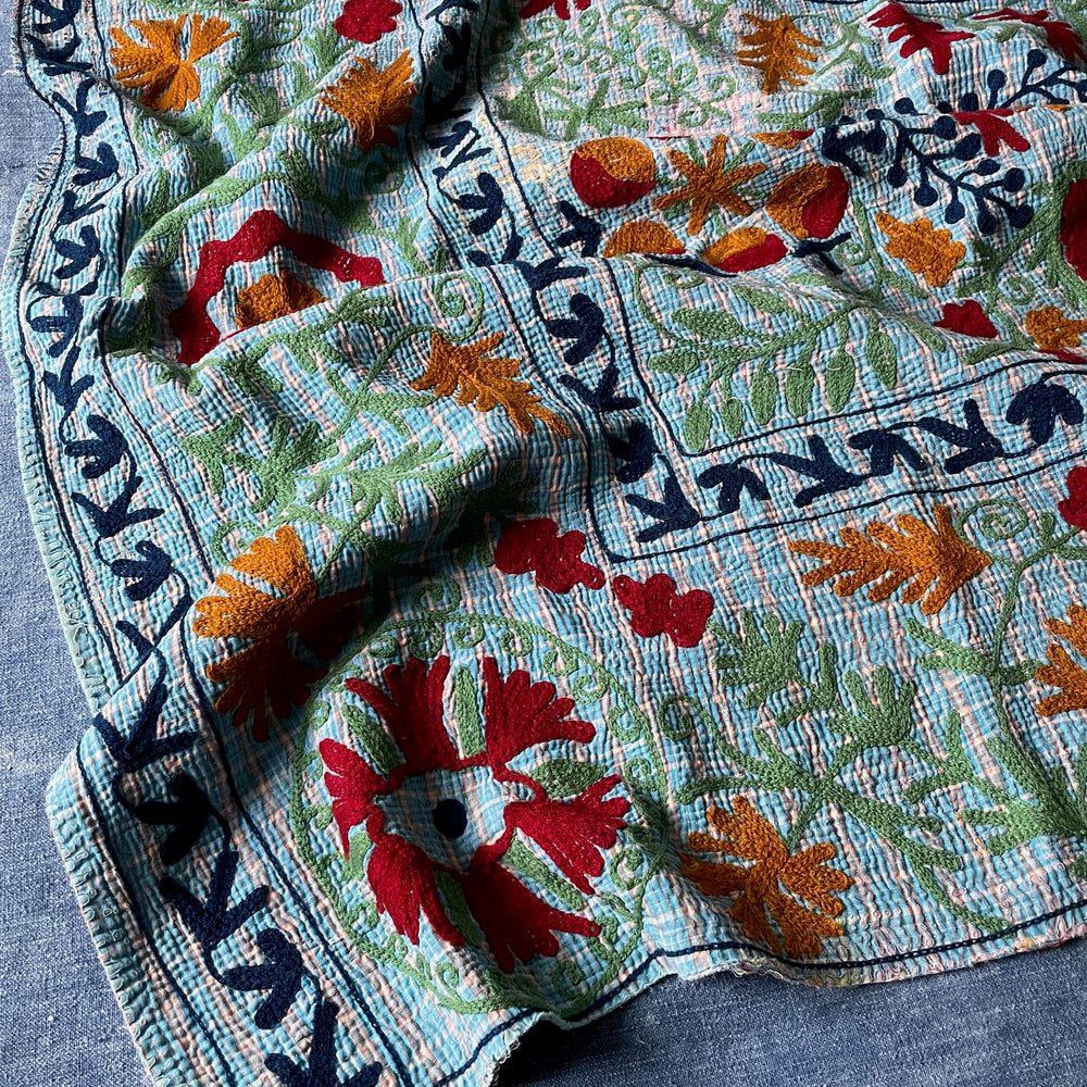 blue red orange embroidered bedspread kantha quilt suzani wall hanging cotton washable large