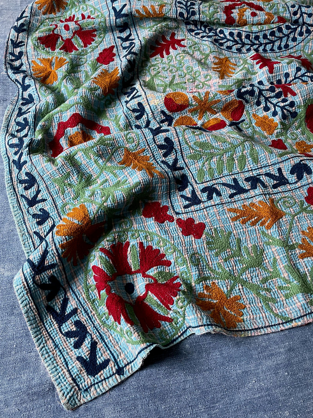 blue red orange embroidered bedspread kantha quilt suzani wall hanging cotton washable large