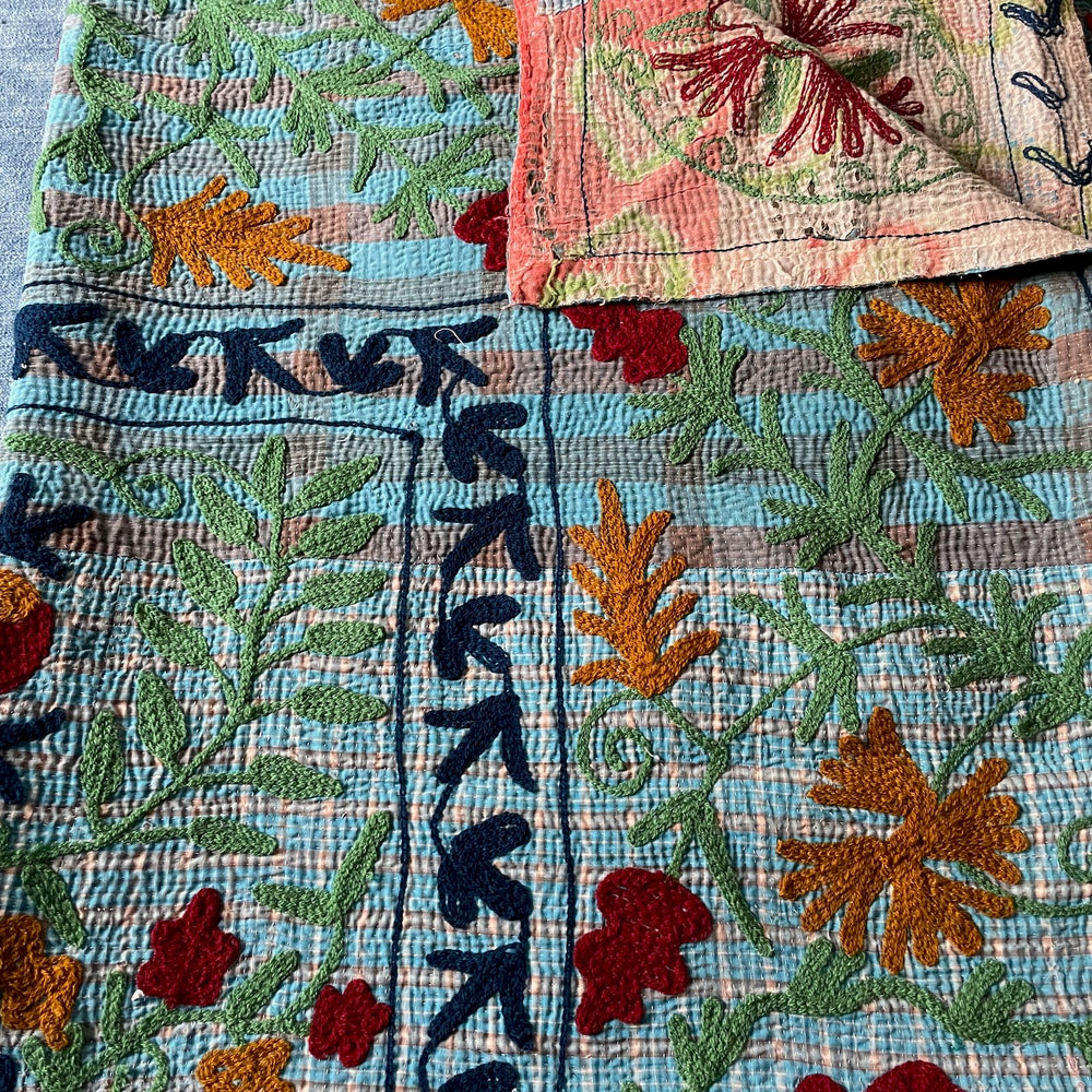 
                  
                    blue red orange embroidered bedspread kantha quilt suzani wall hanging cotton washable large
                  
                