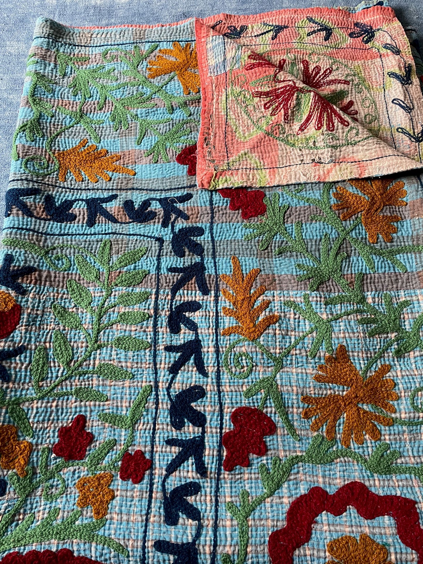 
                  
                    blue red orange embroidered bedspread kantha quilt suzani wall hanging cotton washable large
                  
                