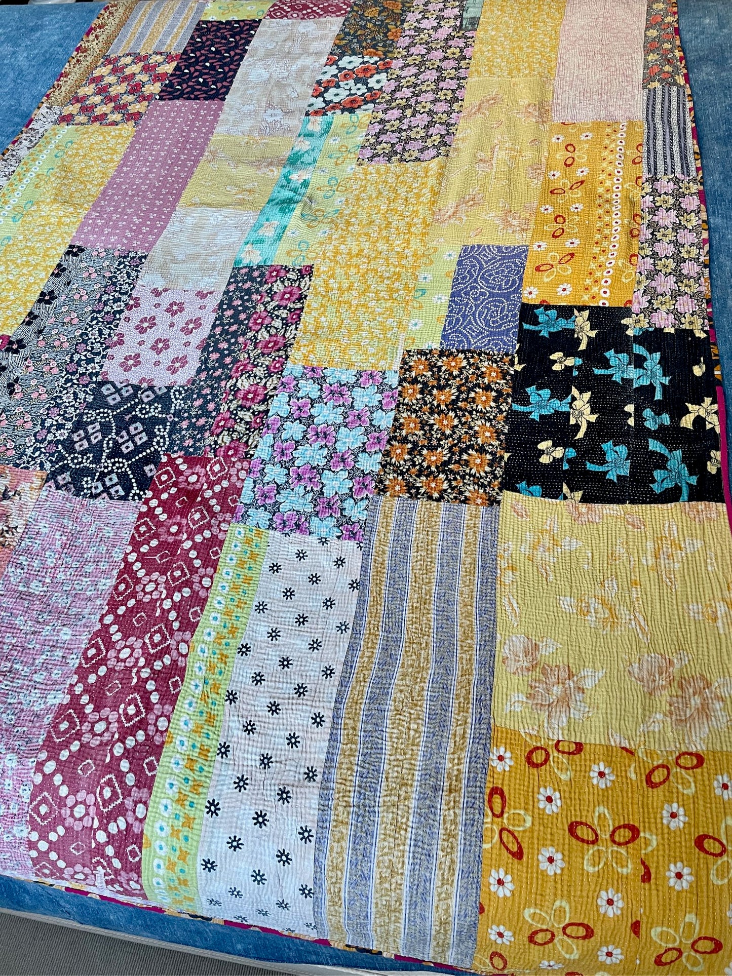 yellow pink orange patchwork quilt kantha bedspread cotton comforter washable single bedcover