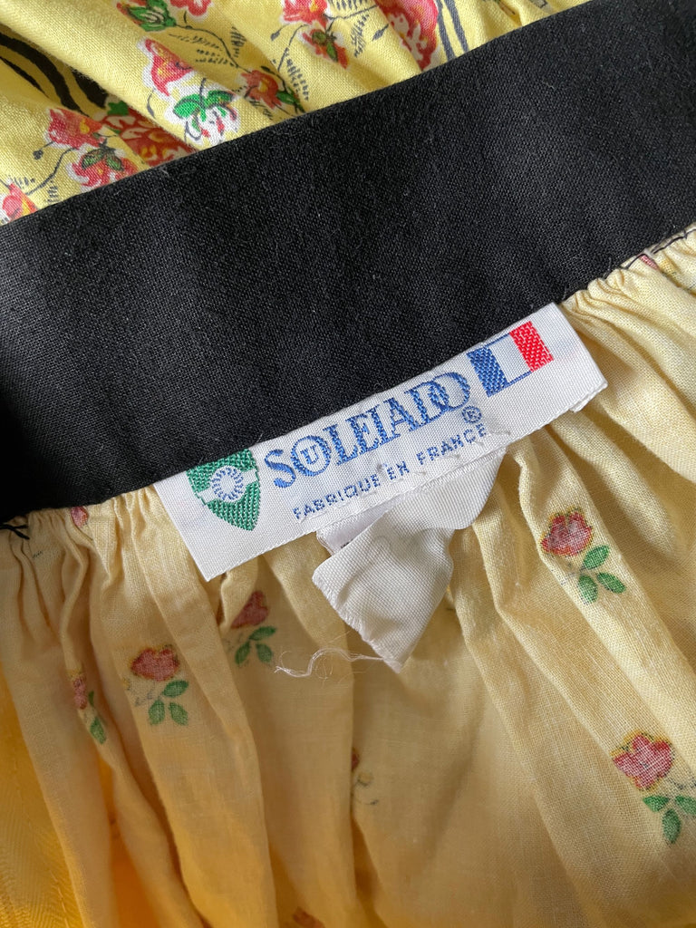 vintage french souleiado skirt in lemon yellow with pink roses 1970's collectors item