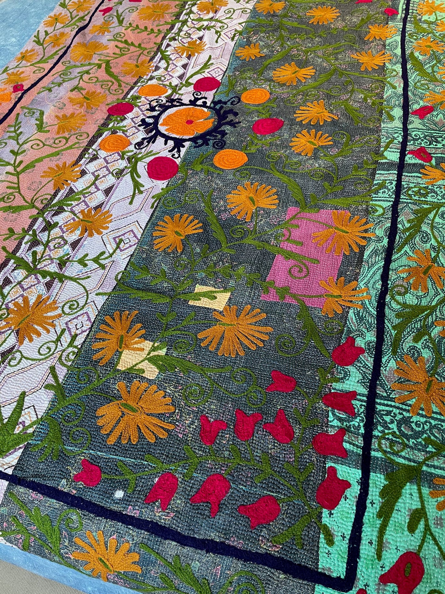 
                  
                    californian poppies quilt suzani kantha bedspread colourful embroidery pink green orange washable
                  
                