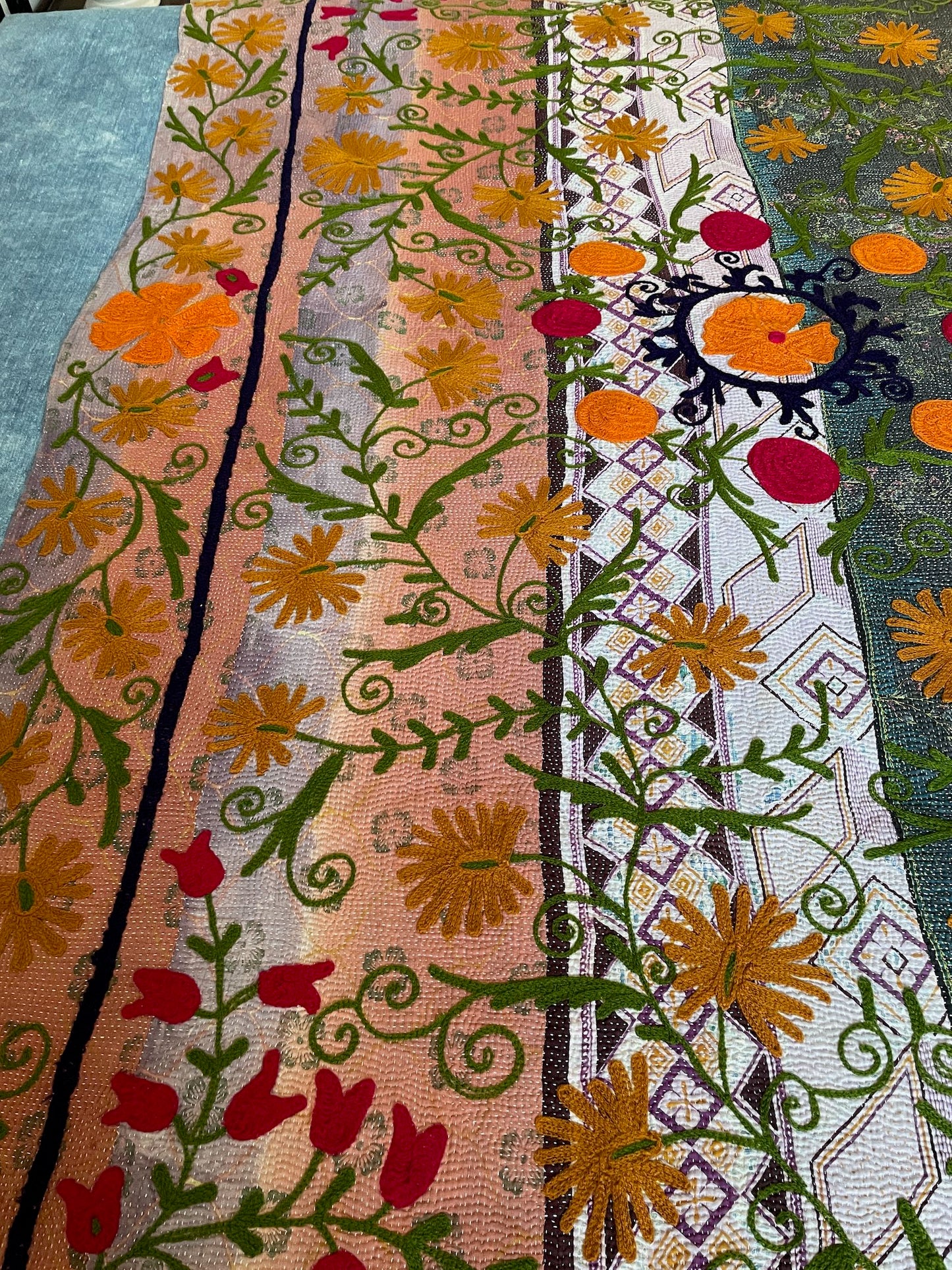 
                  
                    californian poppies quilt suzani kantha bedspread colourful embroidery pink green orange washable
                  
                