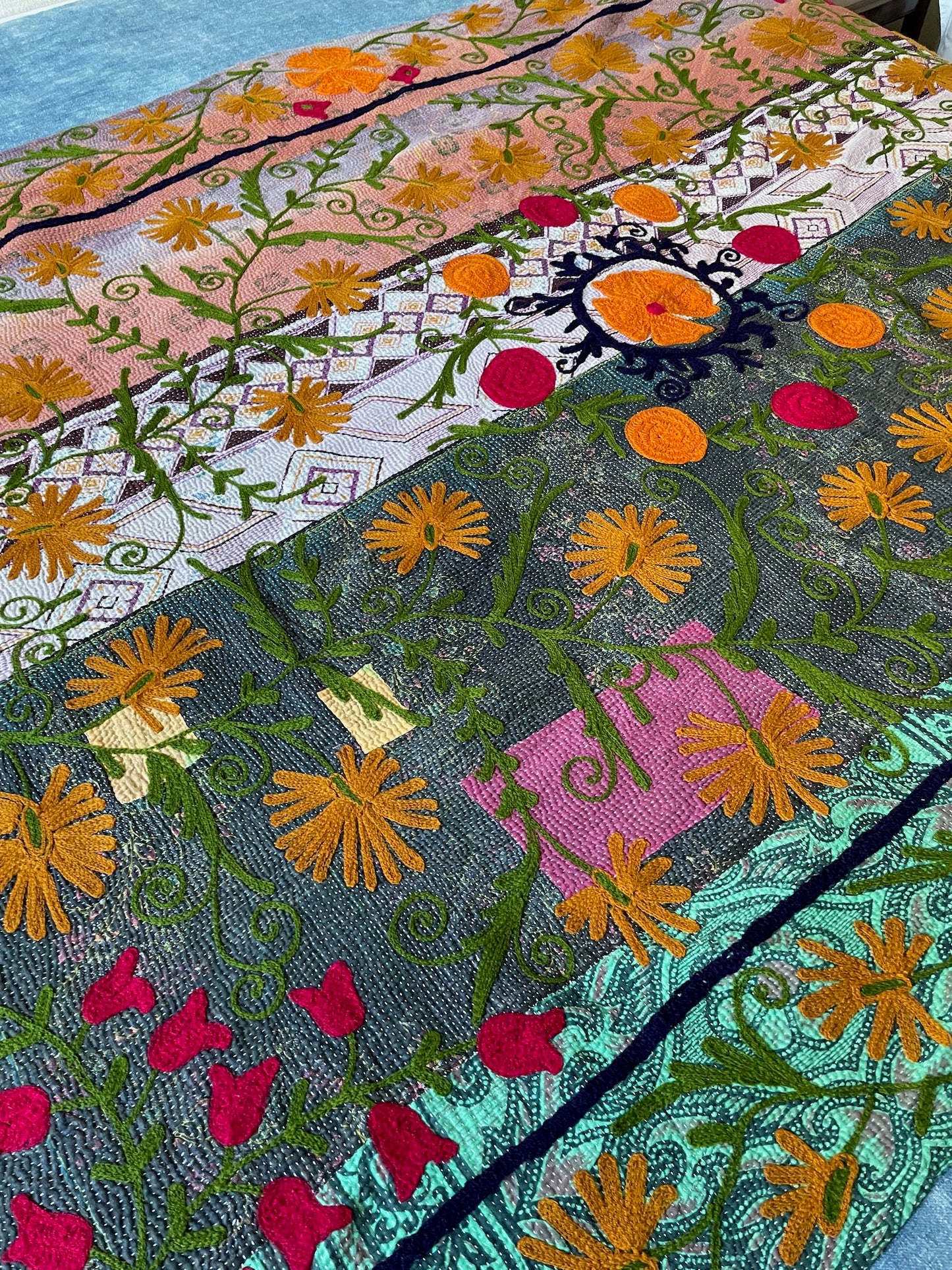 
                  
                    californian poppies quilt suzani kantha bedspread colourful embroidery pink green orange washable
                  
                