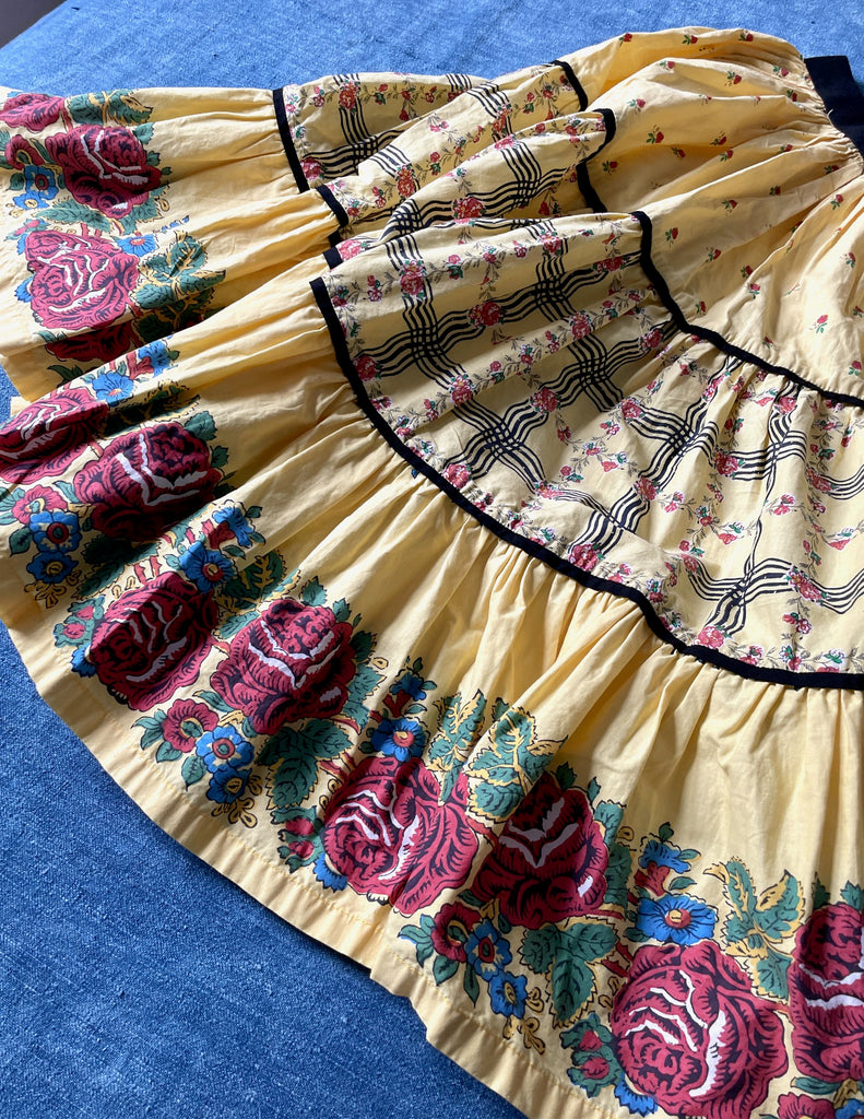 vintage french souleiado skirt in lemon yellow with pink roses 1970's collectors item