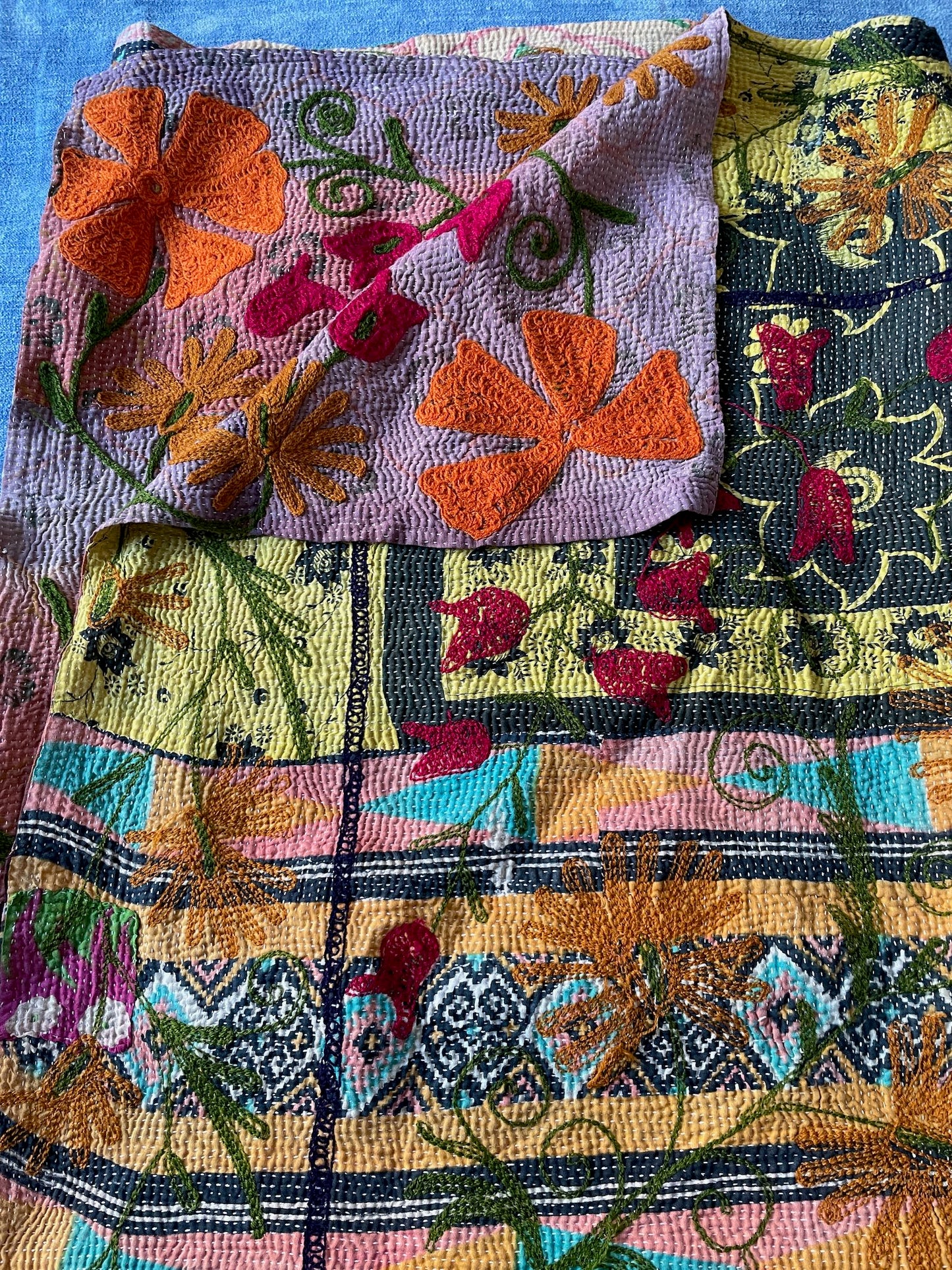 
                  
                    californian poppies quilt suzani kantha bedspread colourful embroidery pink green orange washable
                  
                