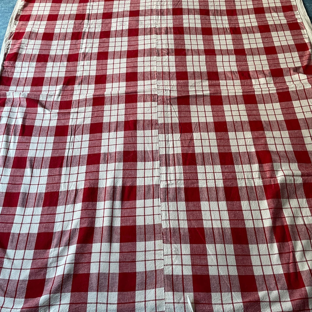 antique french alsace kelsch red check bedcover linen cotton fabric sewing project cushions