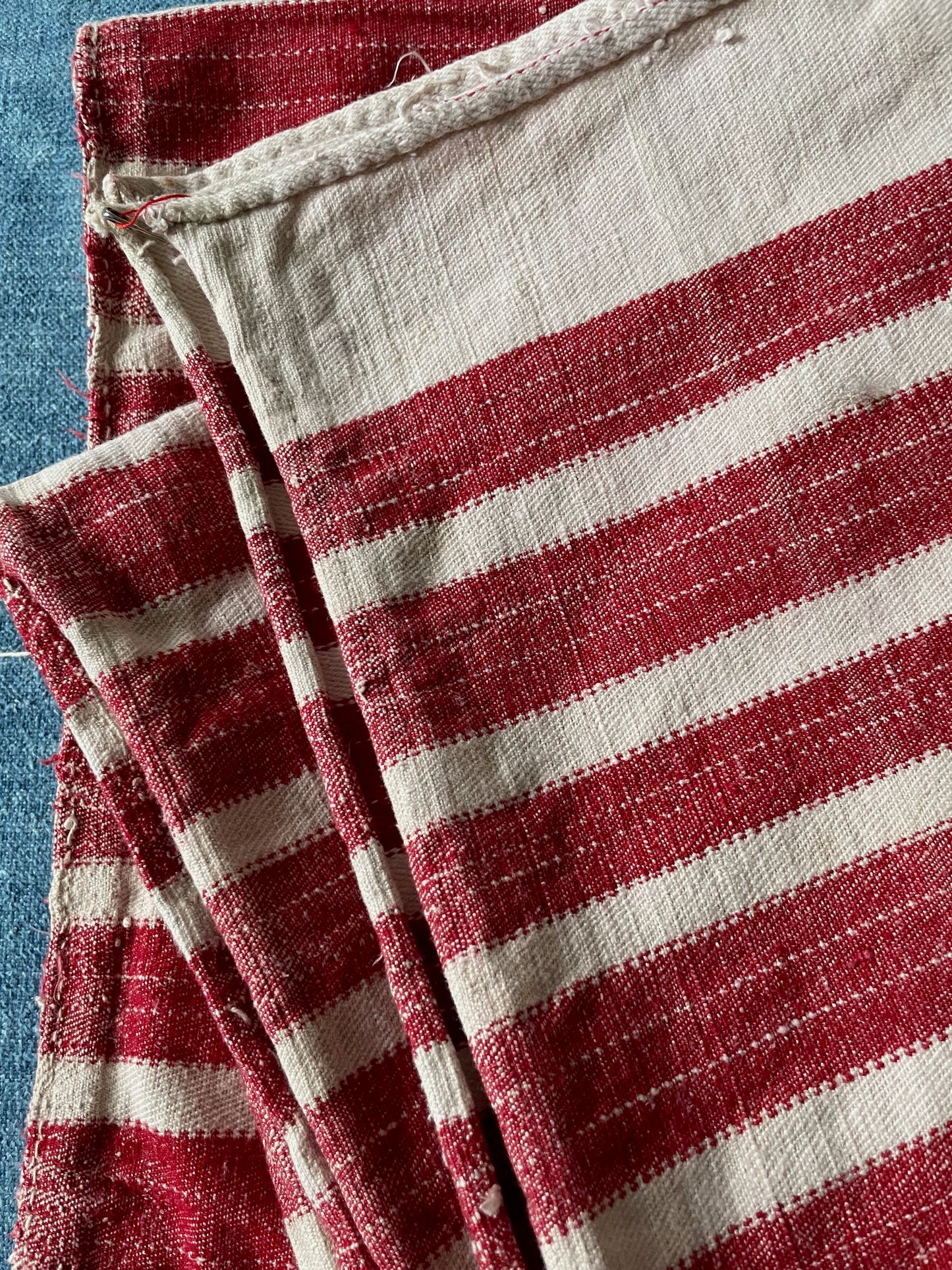 
                  
                    red white stripe fabric upholstery cushions east european hard wearing rustic textile washable
                  
                