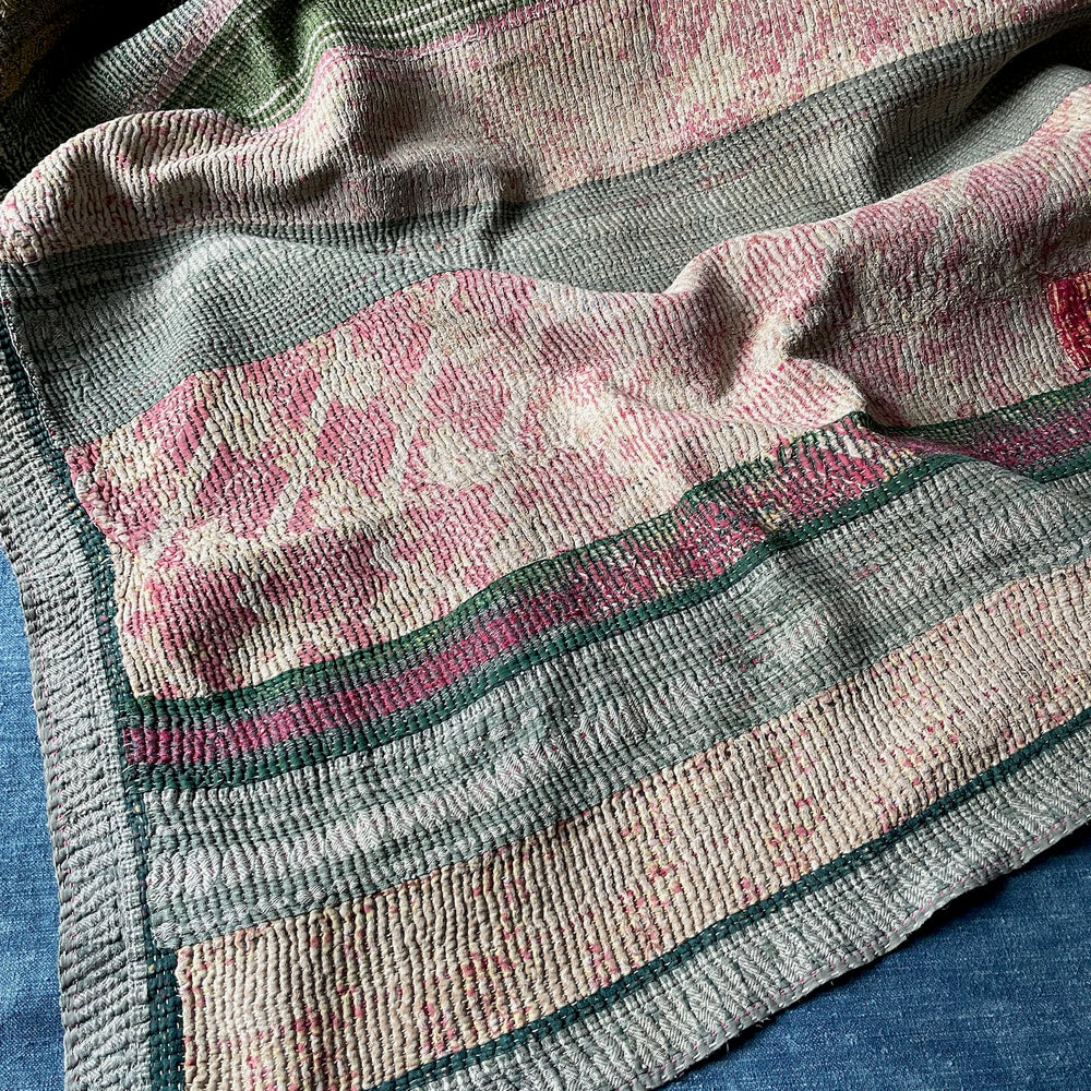 pink green faded kantha quilt bedspread cotton comforter washable single sofa throw handmade