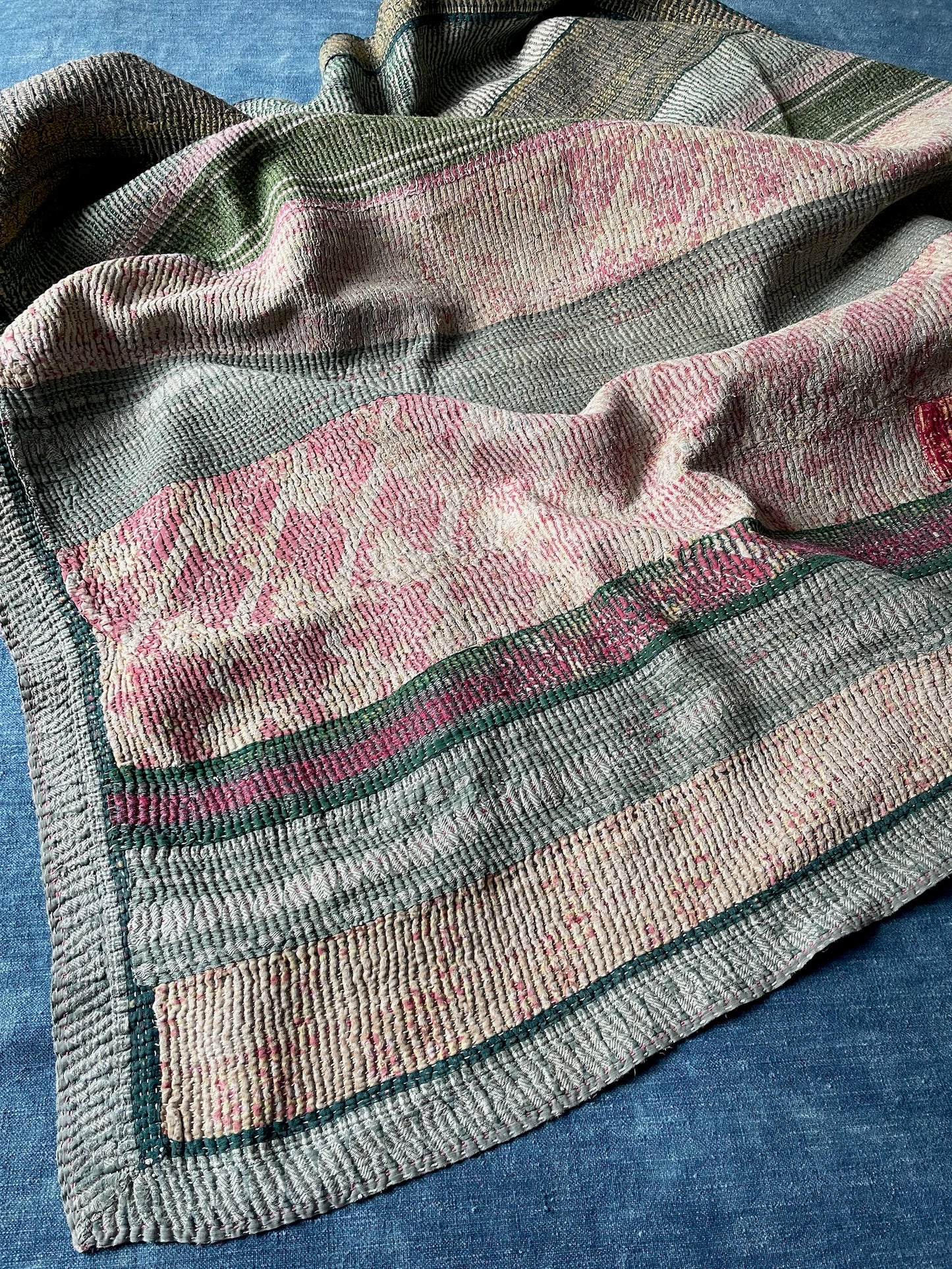 pink green faded kantha quilt bedspread cotton comforter washable single sofa throw handmade