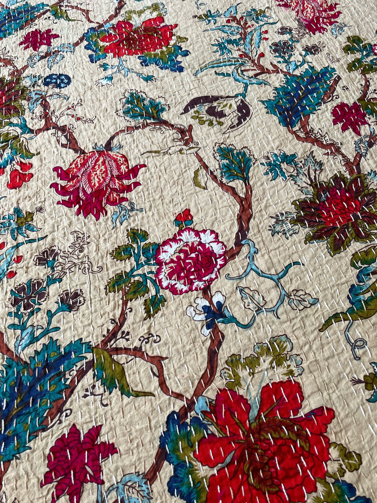 cotton flowery bedspread in beige, red and turquoise handmade kantha bedcover hand stitched