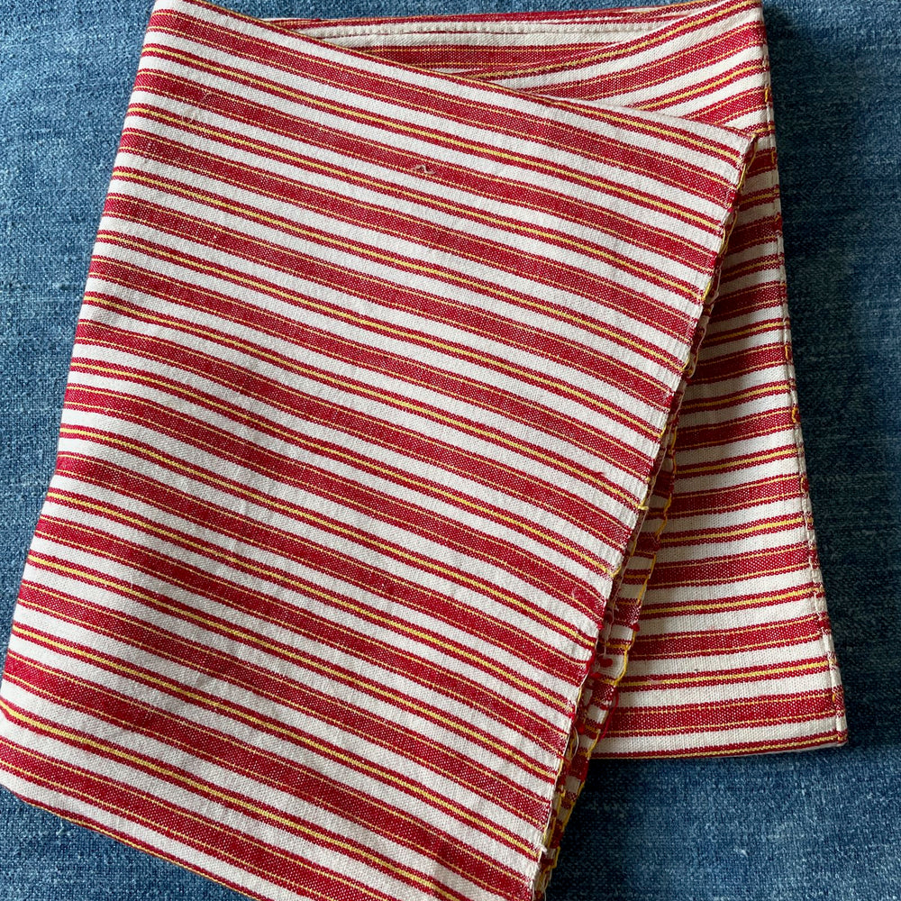 red white yellow stripe tablecloth tablelinen cushion material fabric  vintage linen rustic sewing