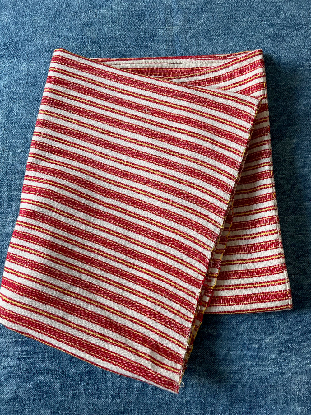 red white yellow stripe tablecloth tablelinen cushion material fabric  vintage linen rustic sewing