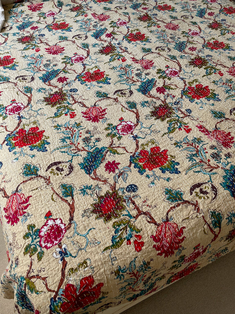 cotton flowery bedspread in beige, red and turquoise handmade kantha bedcover hand stitched