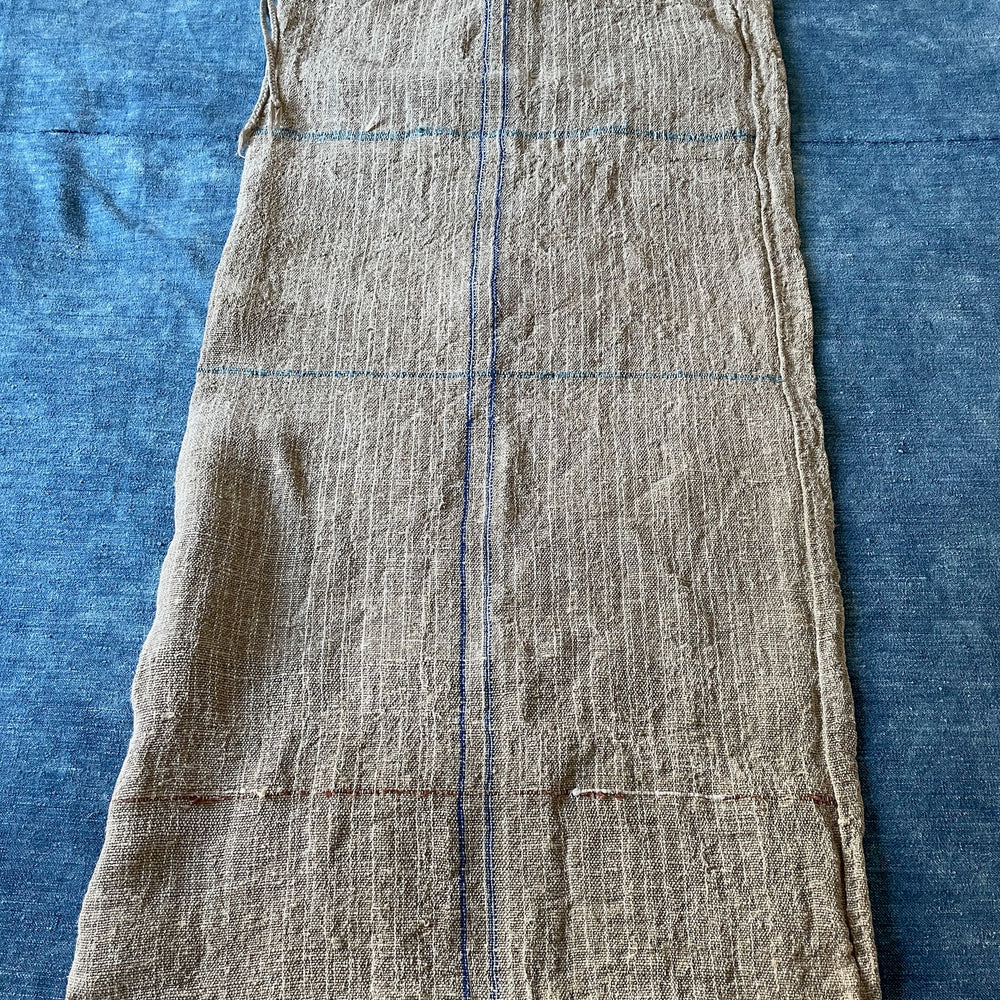 rustic blue stripe grain sack feed sack hemp burlap upholstery fabric long bench cushion vintage