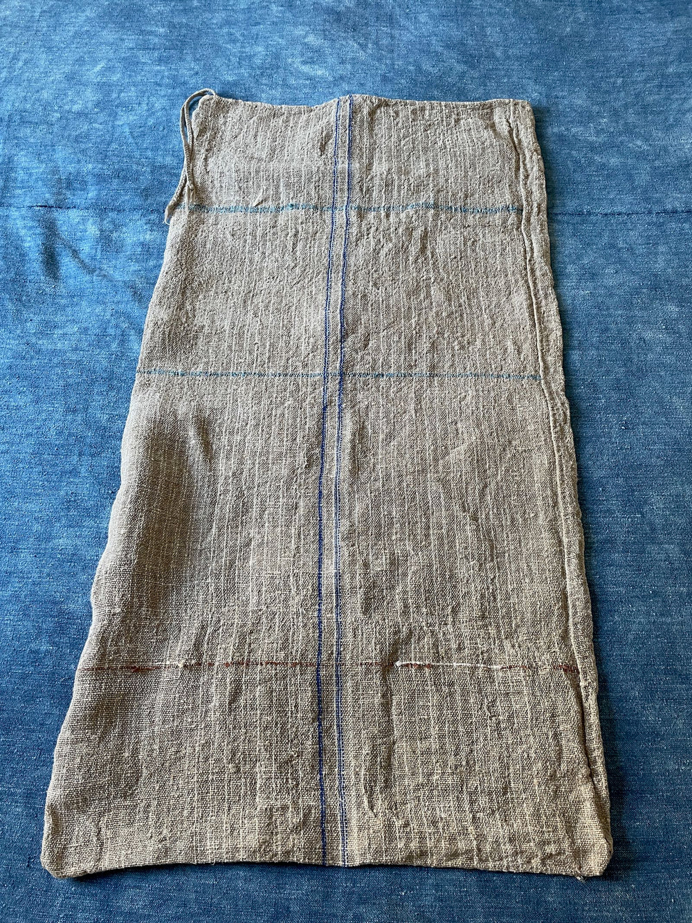 rustic blue stripe grain sack feed sack hemp burlap upholstery fabric long bench cushion vintage