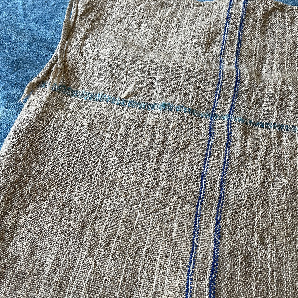 
                  
                    rustic blue stripe grain sack feed sack hemp burlap upholstery fabric long bench cushion vintage
                  
                