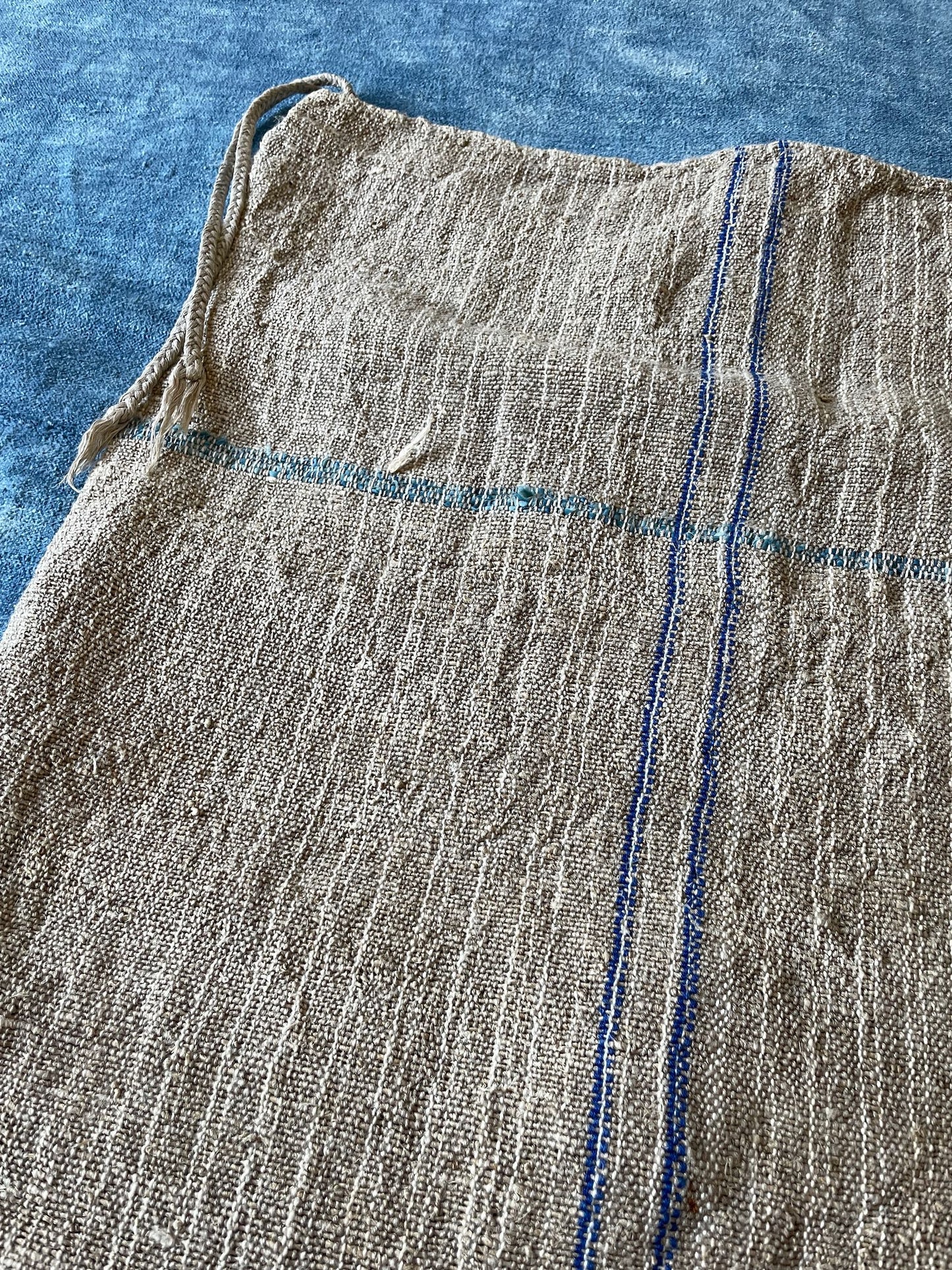 
                  
                    rustic blue stripe grain sack feed sack hemp burlap upholstery fabric long bench cushion vintage
                  
                