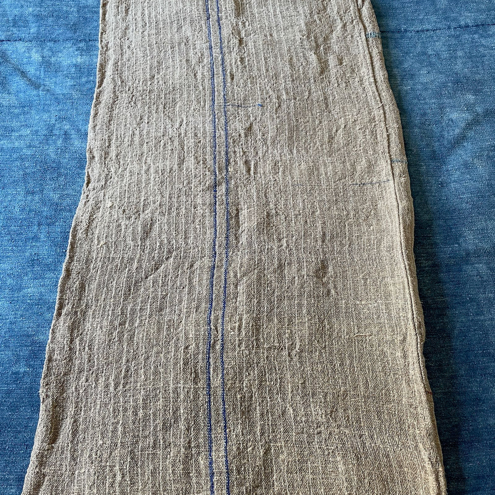 rustic blue stripe grain sack feed sack hemp burlap upholstery fabric long bench cushion vintage