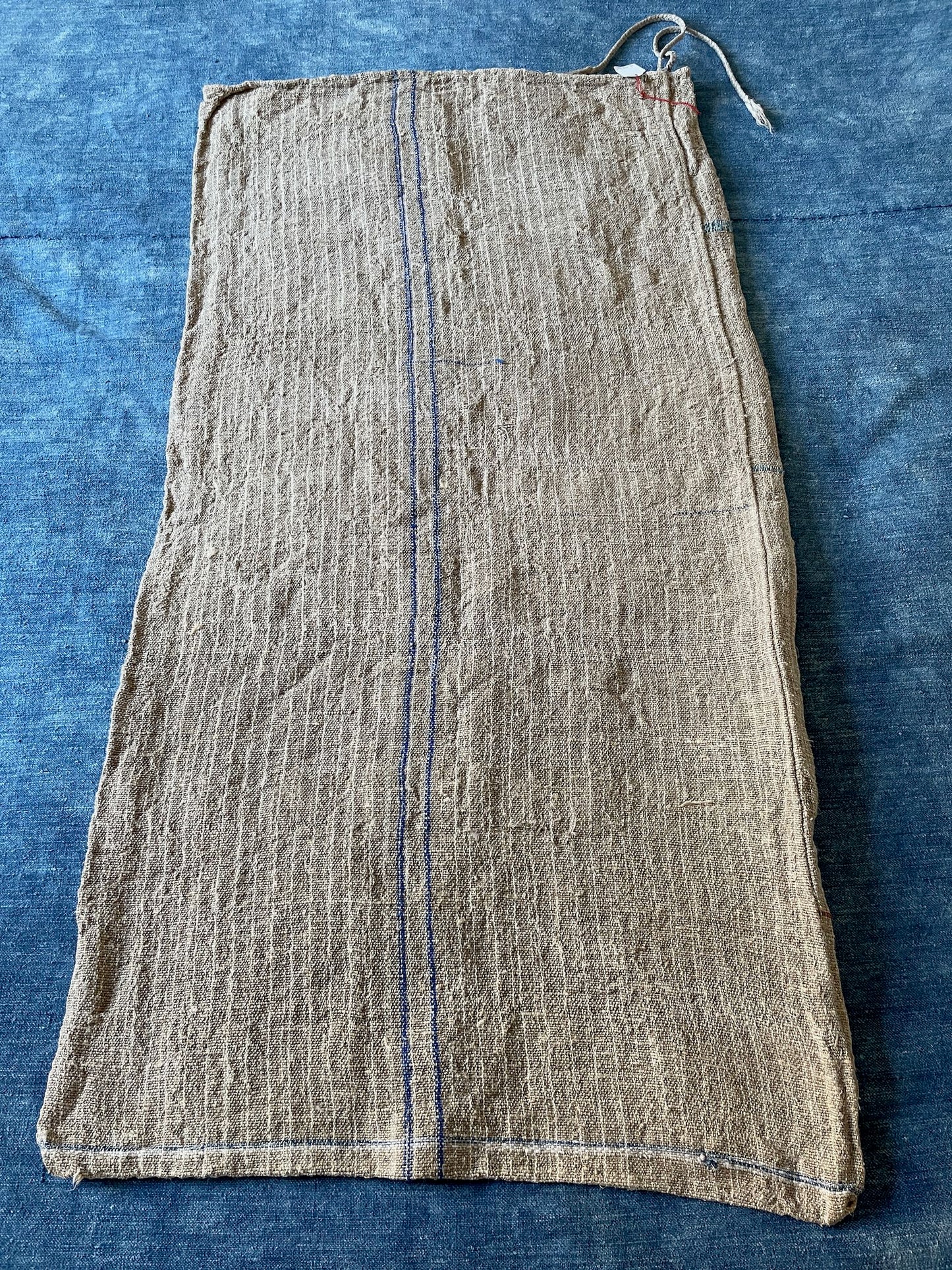 rustic blue stripe grain sack feed sack hemp burlap upholstery fabric long bench cushion vintage