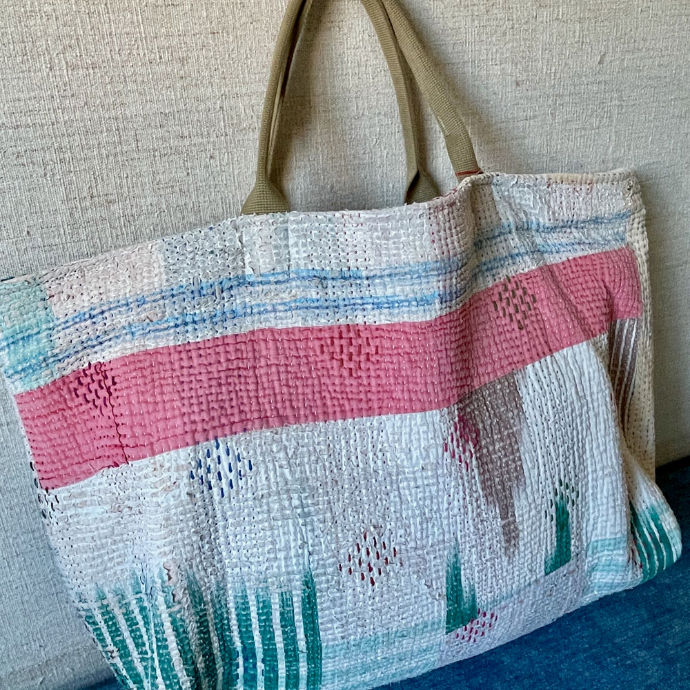 
                  
                    large beach bag tote weekend shopper pink green bag cotton handmade kantha cotton
                  
                