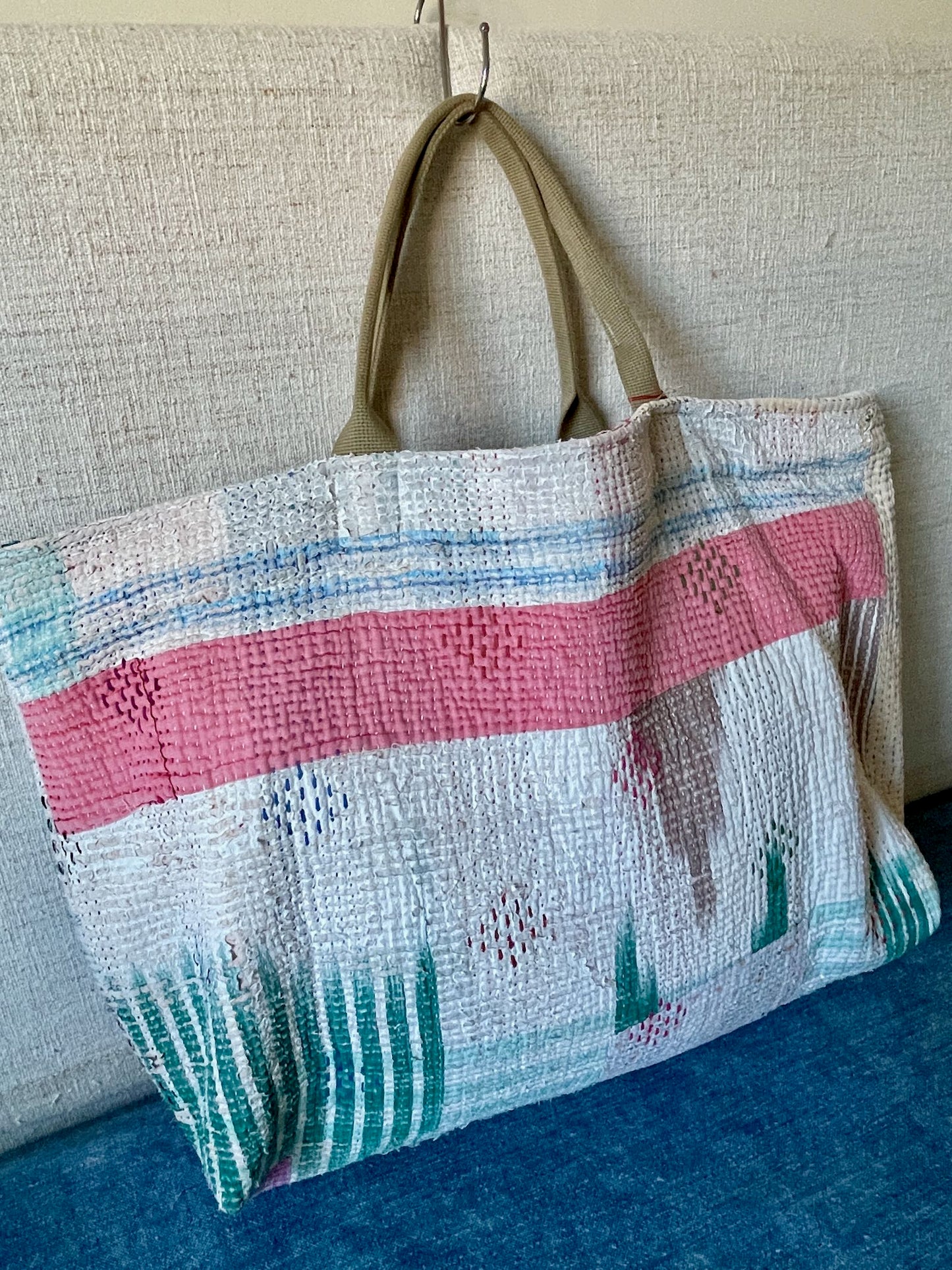 
                  
                    large beach bag tote weekend shopper pink green bag cotton handmade kantha cotton
                  
                