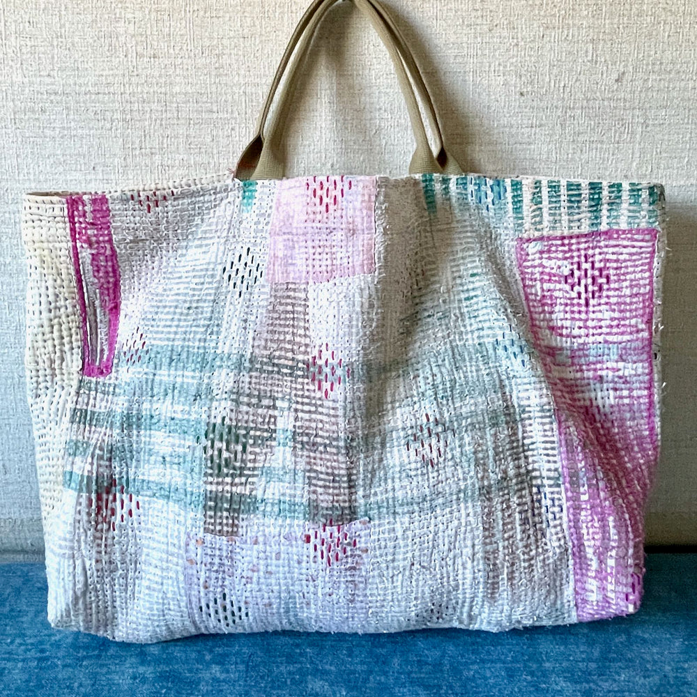 
                  
                    large beach bag tote weekend shopper pink green bag cotton handmade kantha cotton
                  
                