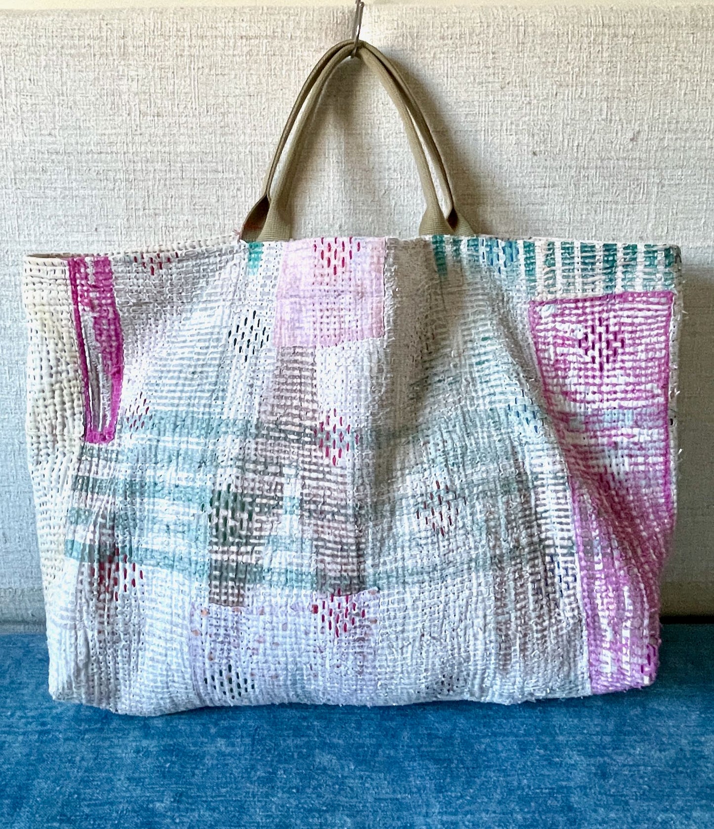 
                  
                    large beach bag tote weekend shopper pink green bag cotton handmade kantha cotton
                  
                