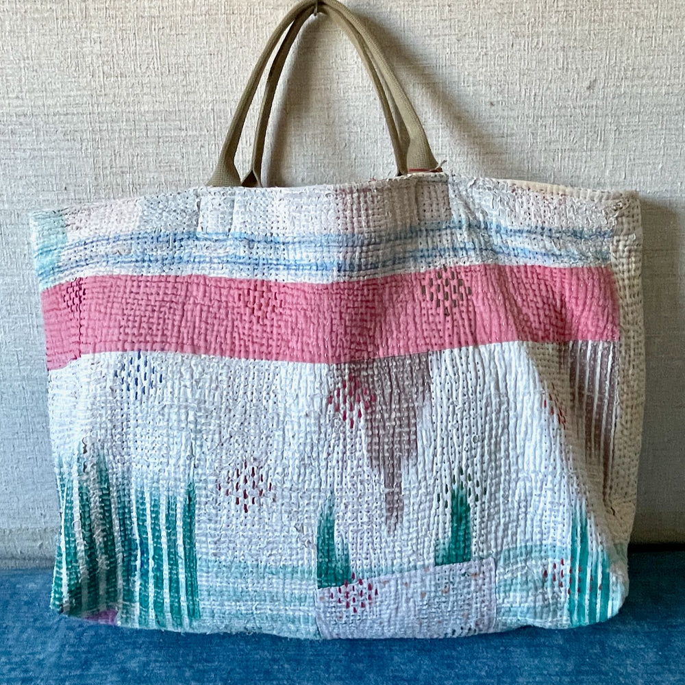 
                  
                    large beach bag tote weekend shopper pink green bag cotton handmade kantha cotton
                  
                