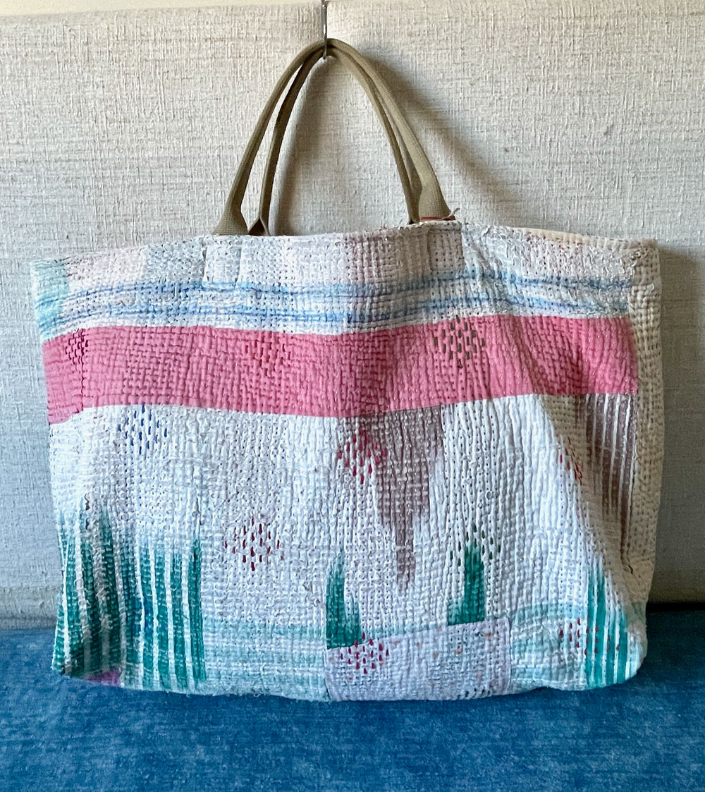 large beach bag tote weekend shopper pink green bag cotton handmade kantha cotton