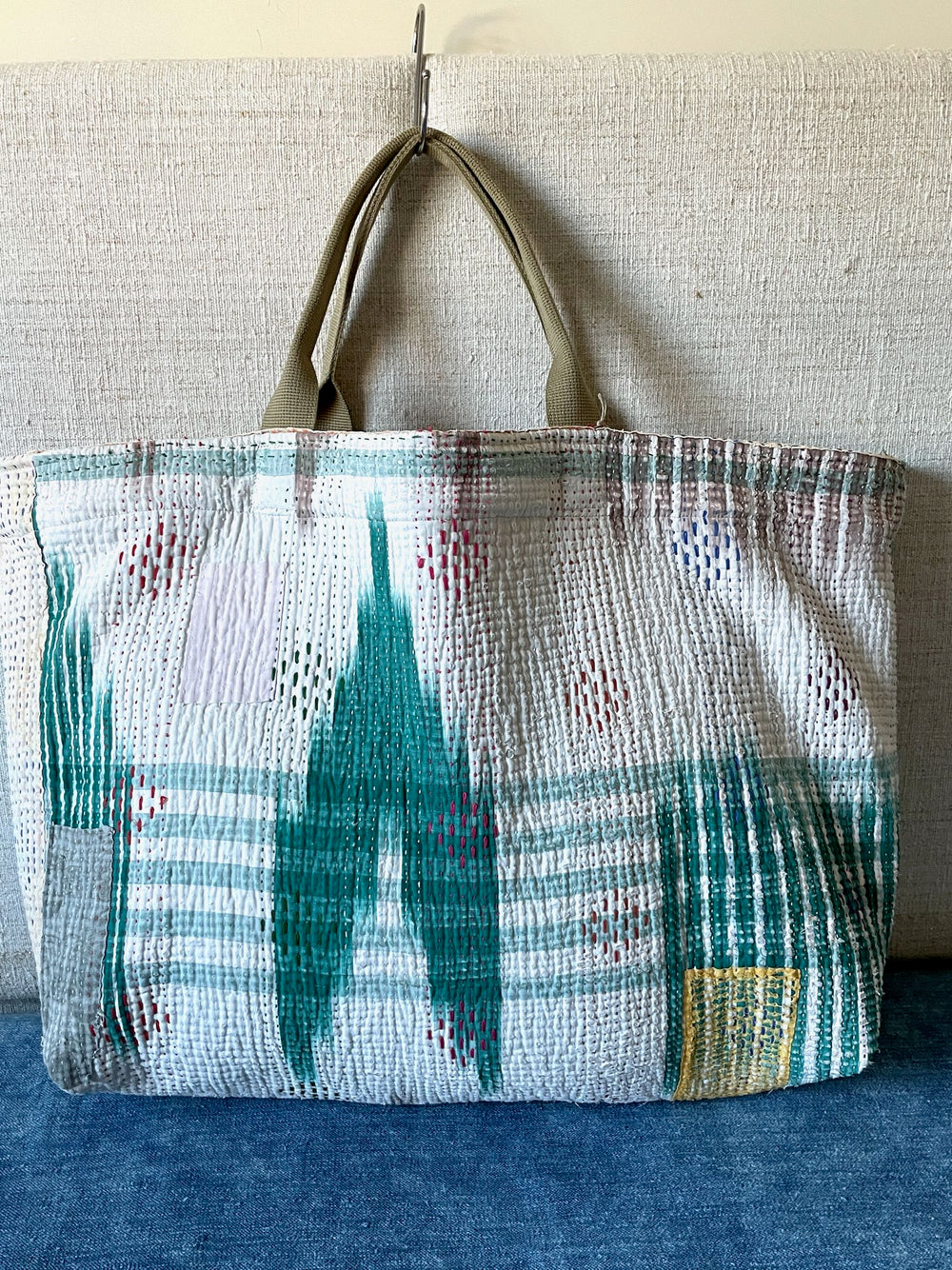 kantha quilt bag large tote weekend market shopper white green cotton handmade unique