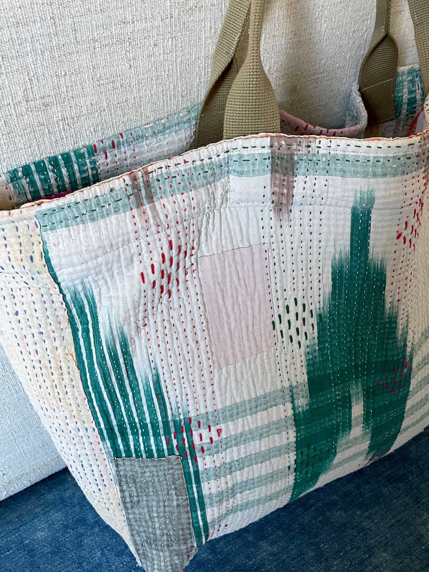 
                  
                    kantha quilt bag large tote weekend market shopper white green cotton handmade unique
                  
                