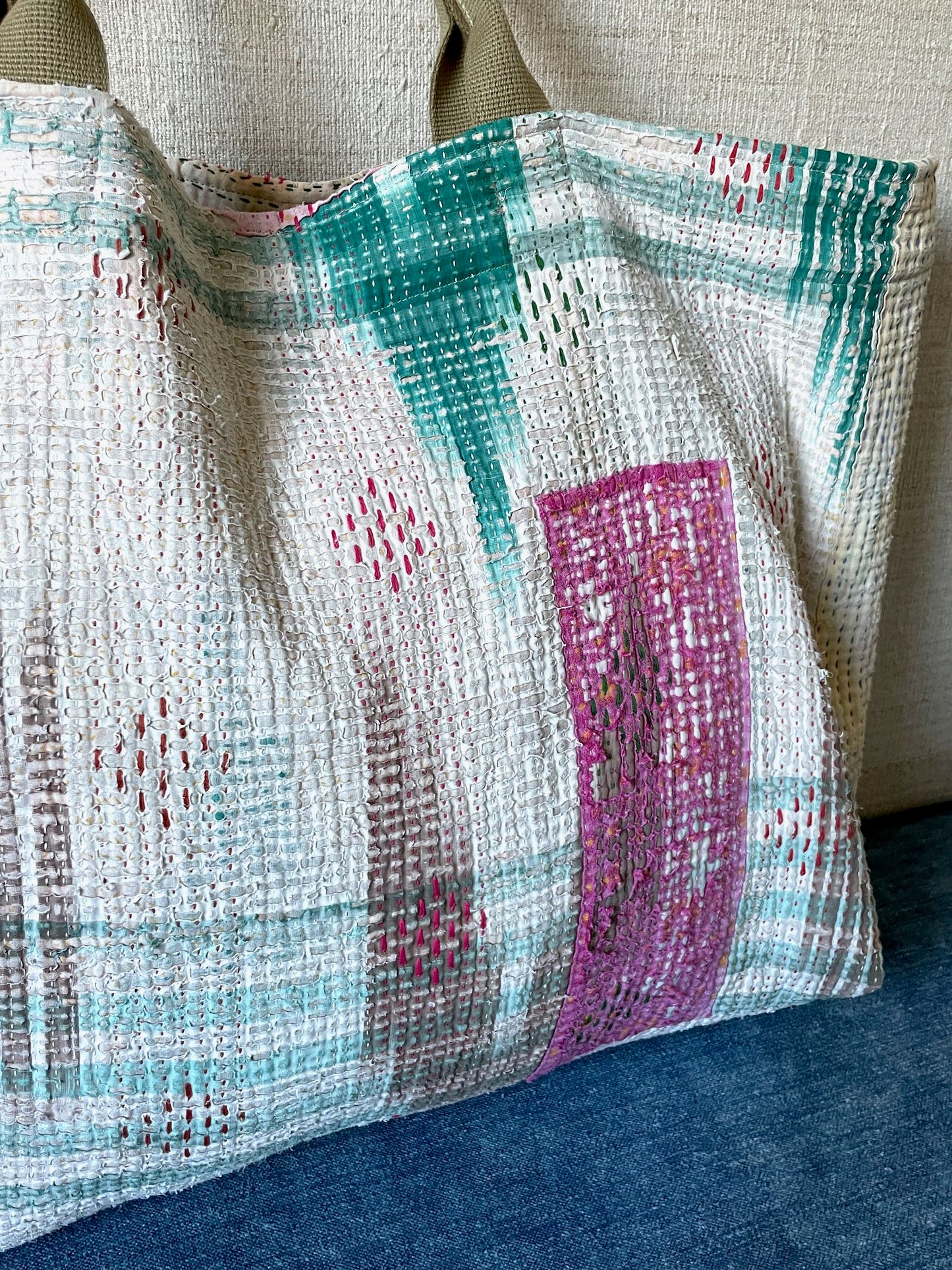 
                  
                    kantha quilt bag large tote weekend market shopper white green cotton handmade unique
                  
                