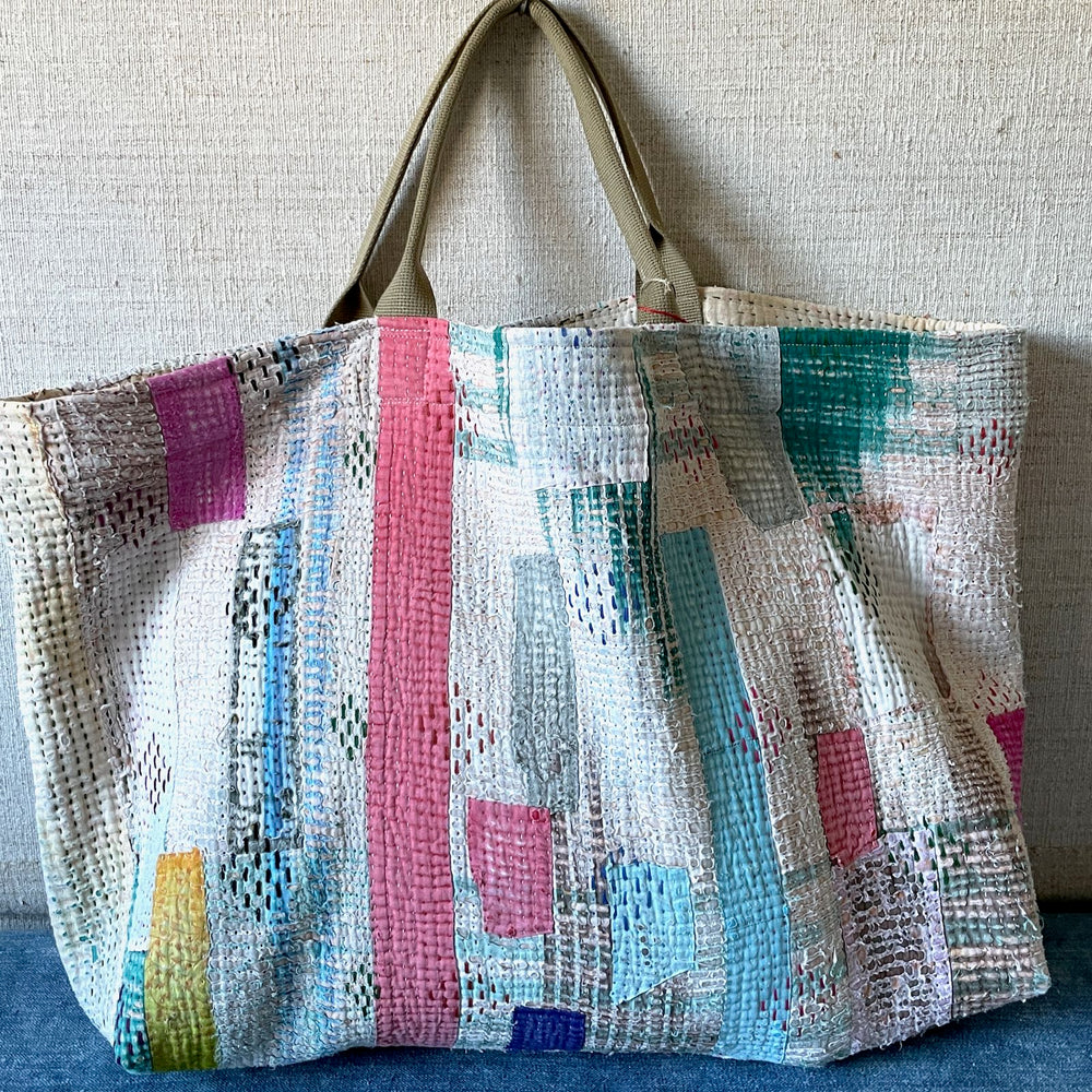 
                  
                    pink blue white patchwork tote bag kantha shopper weekend market large cotton roomy hand made
                  
                