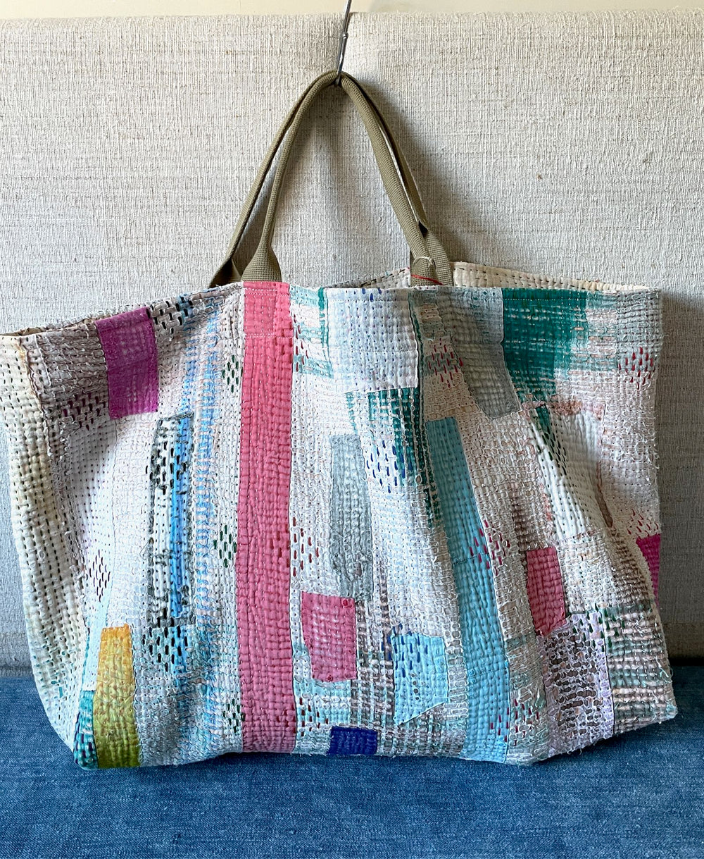 pink blue white patchwork tote bag kantha shopper weekend market large cotton roomy hand made