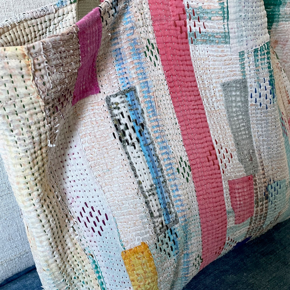 
                  
                    pink blue white patchwork tote bag kantha shopper weekend market large cotton roomy hand made
                  
                