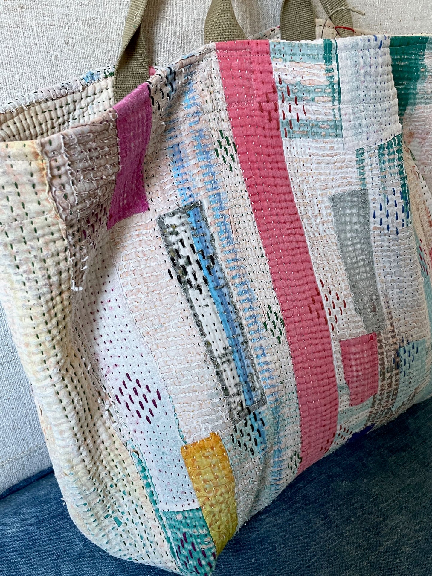 
                  
                    pink blue white patchwork tote bag kantha shopper weekend market large cotton roomy hand made
                  
                