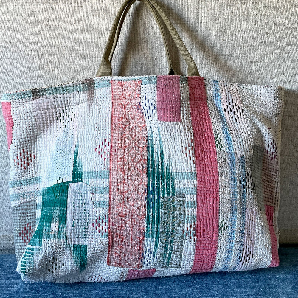 
                  
                    pink blue white patchwork tote bag kantha shopper weekend market large cotton roomy hand made
                  
                