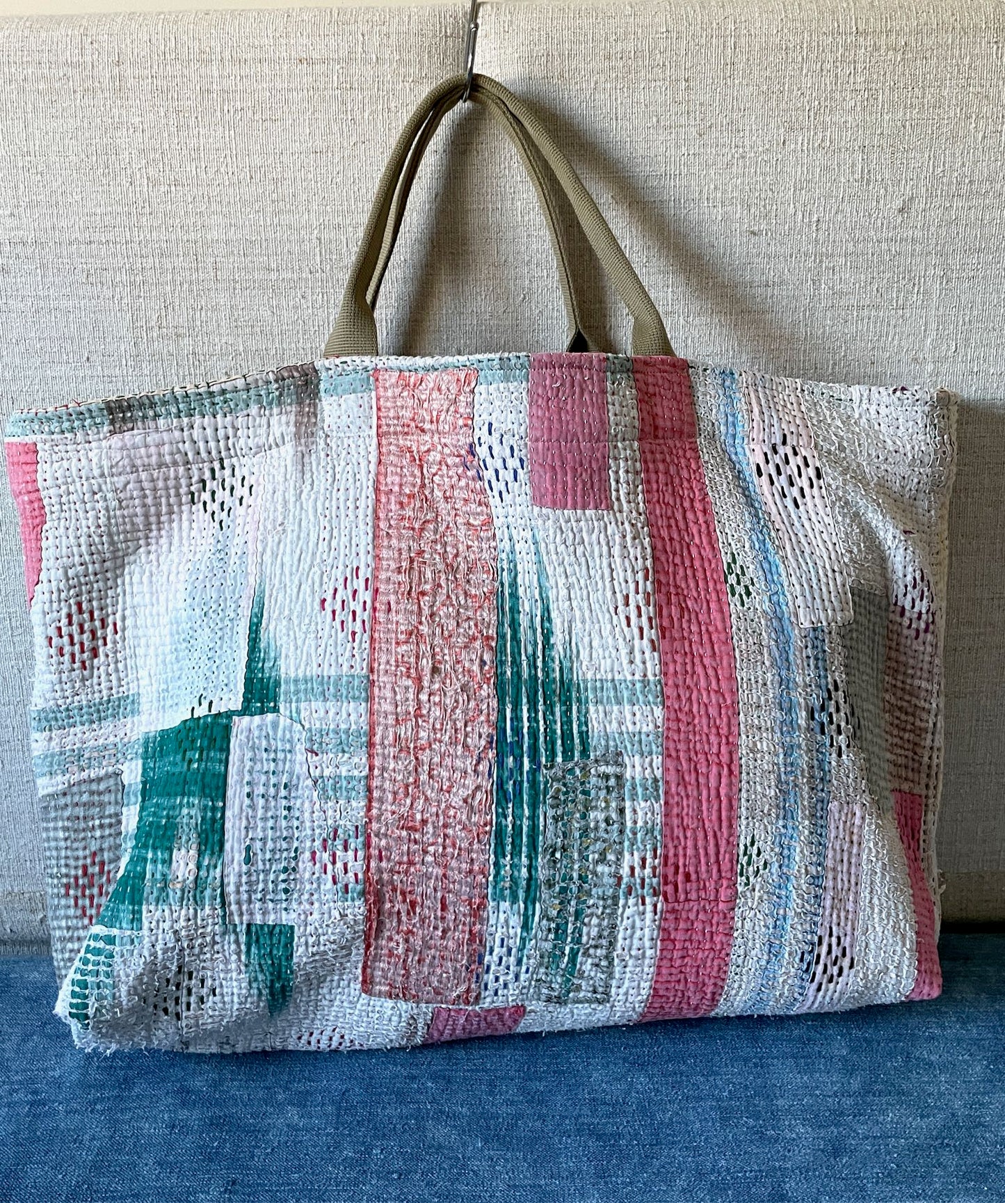 
                  
                    pink blue white patchwork tote bag kantha shopper weekend market large cotton roomy hand made
                  
                