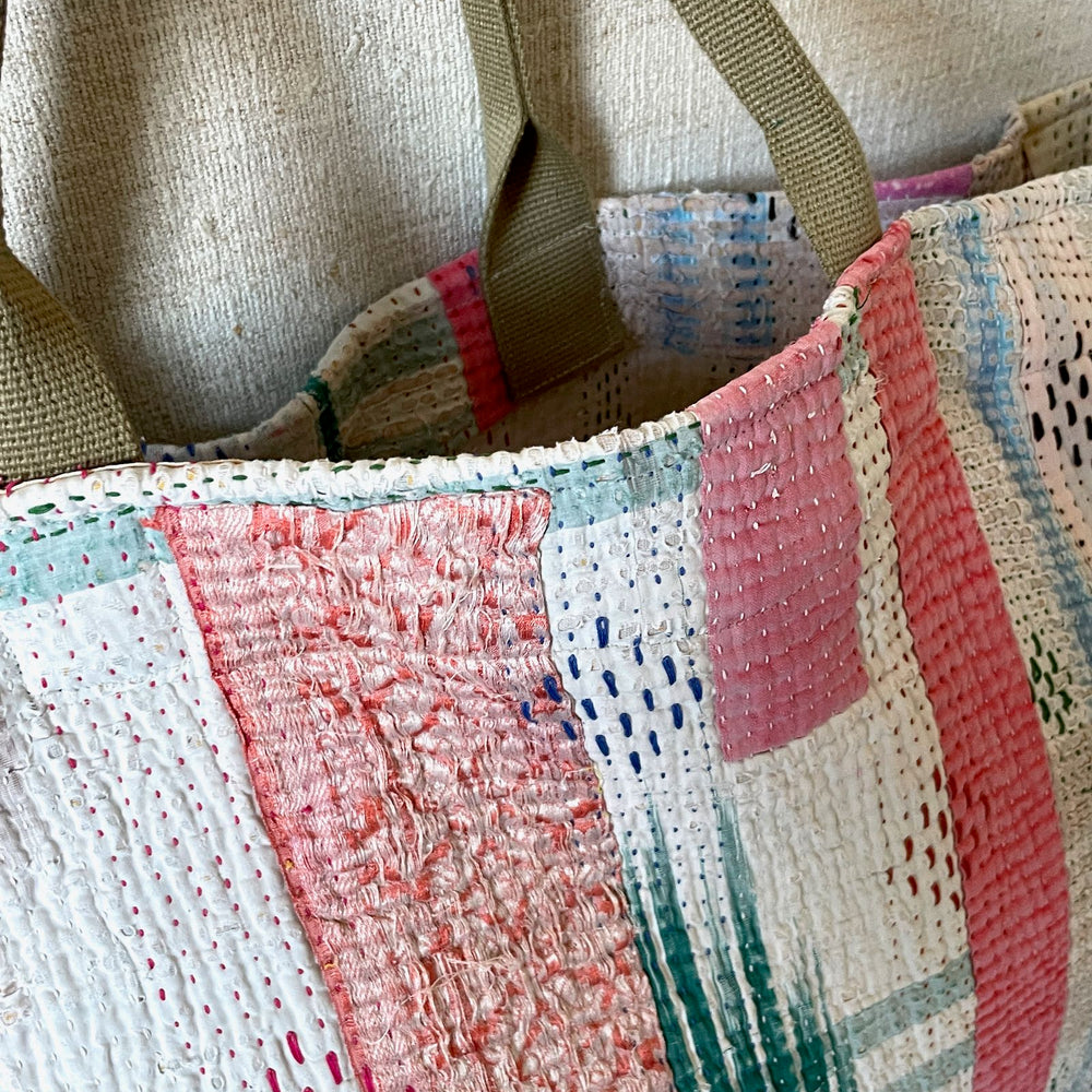 
                  
                    pink blue white patchwork tote bag kantha shopper weekend market large cotton roomy hand made
                  
                