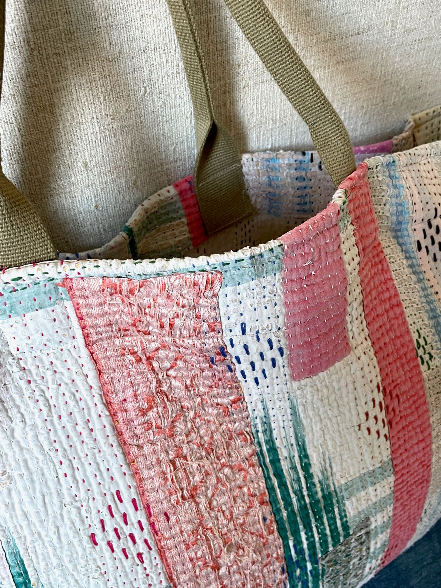 
                  
                    pink blue white patchwork tote bag kantha shopper weekend market large cotton roomy hand made
                  
                